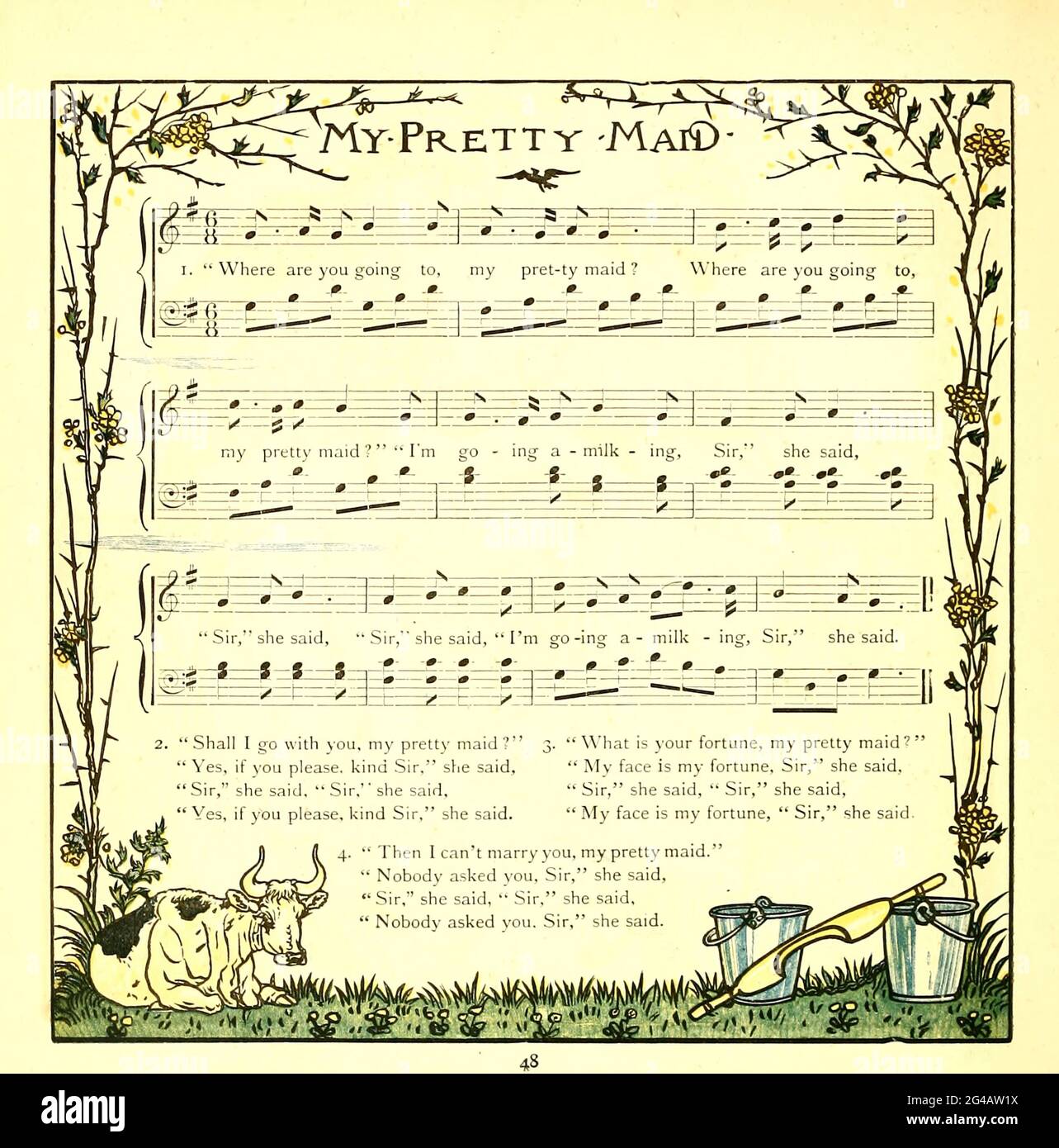 "Dove vai, mia bella cameriera?" / "sto andando a mungere, Signore," ha detto. From the Book ' The baby's opera : un libro di vecchie rime, con nuovi abiti di Walter Crane, ed Edmund Evans pubblica a Londra e New York da F. Warne e co. Nel 1900 Foto Stock