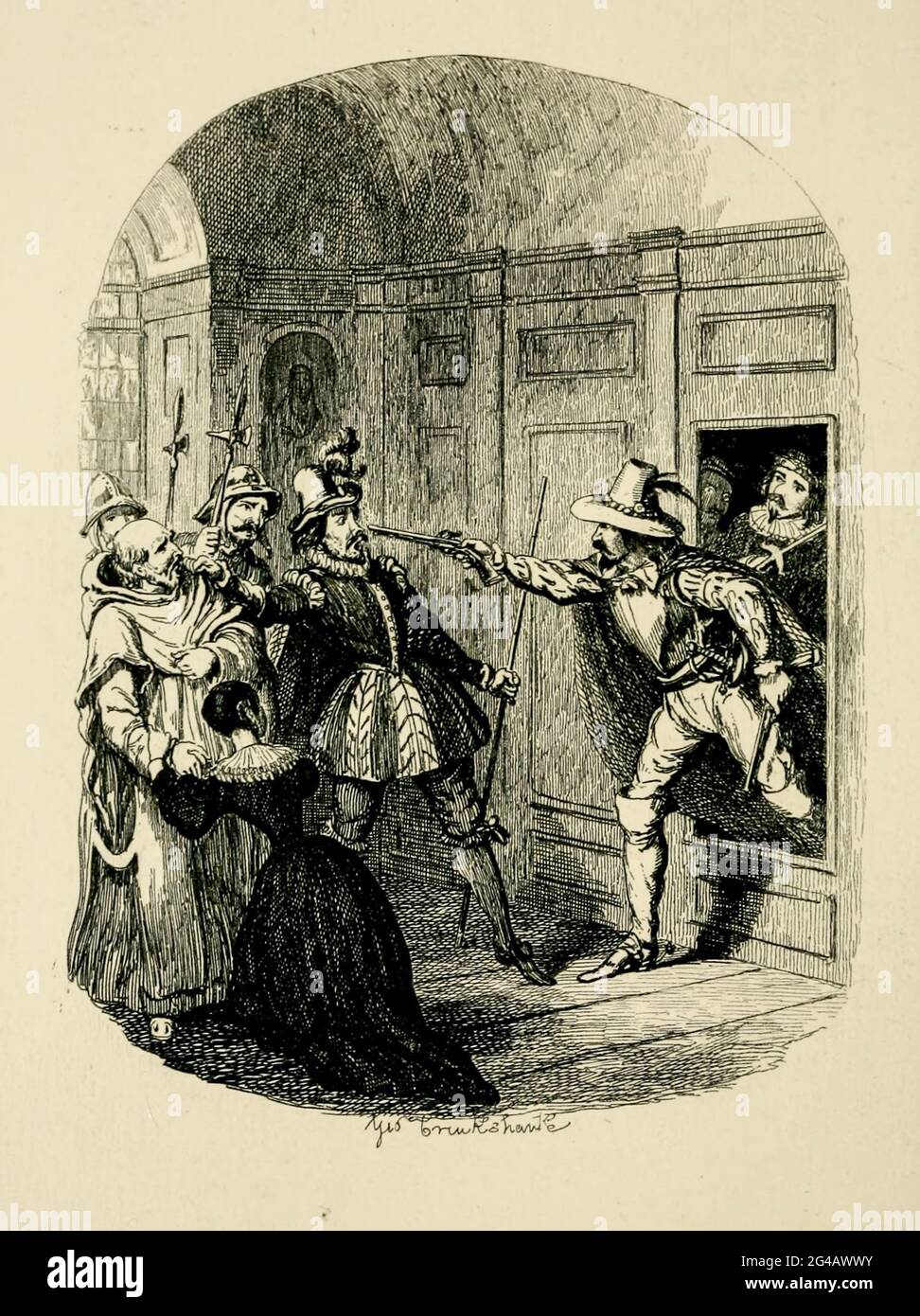 Guy Fawkes e Humphrey Chetham salvando Padre Oldcorne e Viviana Radcliffe dal Pursuivant dal libro ' Guy Fawkes; o, il tradimento della polvere da sparo. Un romanzo storico ' di William Harrison Ainsworth, con illustrazioni su acciaio di George Cruikshank. Pubblicato a Londra, da George Routledge and Sons, limitato nel 1841. Guy Fawkes (Guido Fawkes, 13 aprile 1570 – 31 gennaio 1606) è stato un . 1605 È nato e istruito a York; suo padre è morto quando Foto Stock