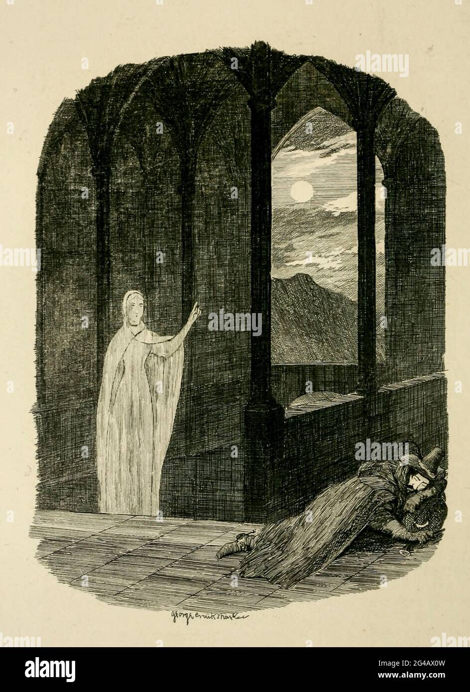 Visione di Guy Fawkes al pozzo di Saint Winifred dal libro ' Guy Fawkes; o, il tradimento della polvere da sparo. Un romanzo storico ' di William Harrison Ainsworth, con illustrazioni su acciaio di George Cruikshank. Pubblicato a Londra, da George Routledge and Sons, limitato nel 1841. Guy Fawkes (Guido Fawkes, 13 aprile 1570 – 31 gennaio 1606) è stato un . 1605 Nacque e studiò a York; suo padre morì quando Fawkes aveva otto anni, dopo di che sua madre mar Foto Stock