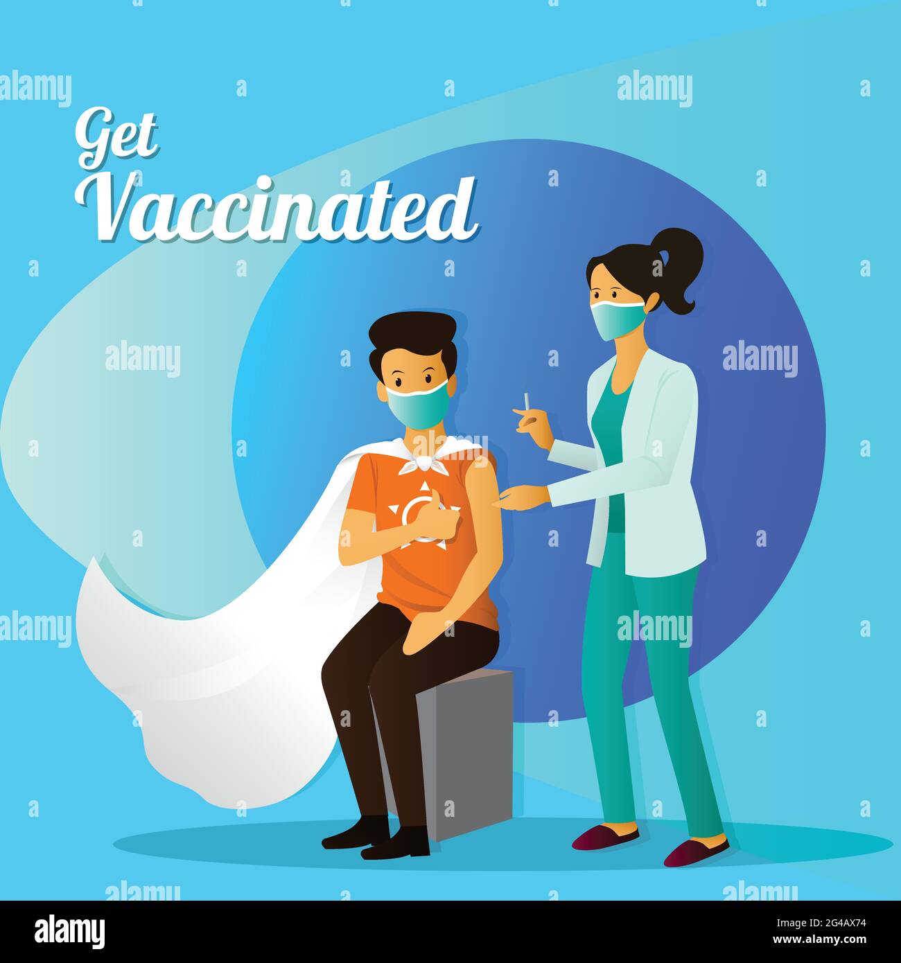 Illustrazione della vaccinazione su sfondo blu, quando il medico inietta la dose di vaccino a un ragazzo giovane, che si sente come ottiene le ali. Illustrazione Vettoriale