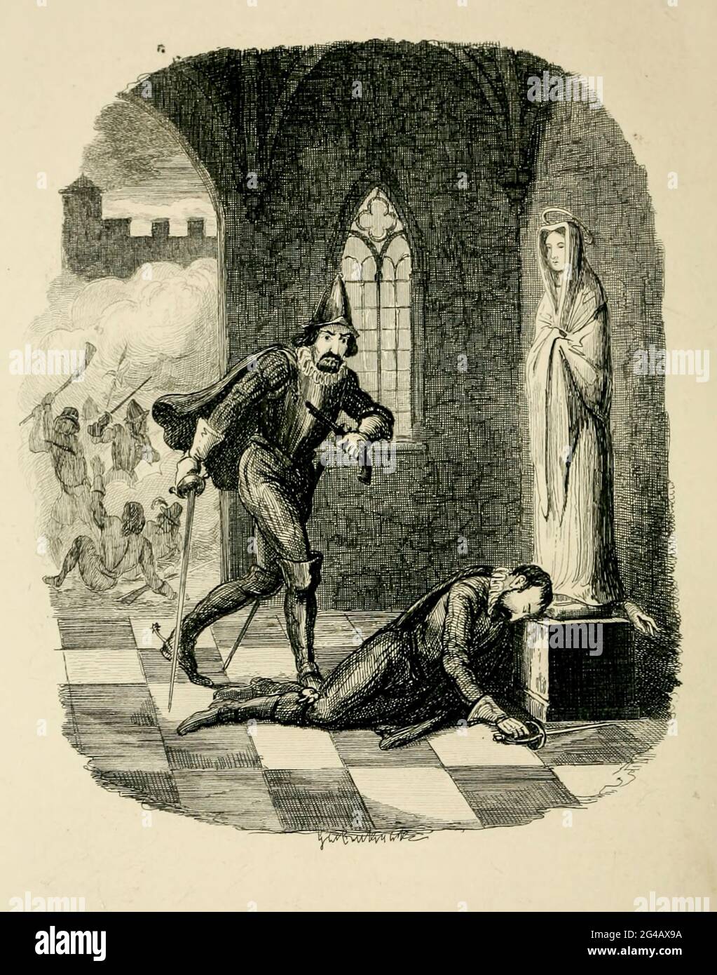 La morte di Robert Catesby dal libro 'Guy Fawkes; o, il tradimento della polvere da sparo. Un romanzo storico ' di William Harrison Ainsworth, con illustrazioni su acciaio di George Cruikshank. Pubblicato a Londra, da George Routledge and Sons, limitato nel 1841. Guy Fawkes (Guido Fawkes, 13 aprile 1570 – 31 gennaio 1606) è stato un . 1605 Nacque e studiò a York; suo padre morì quando Fawkes aveva otto anni, dopo di che sua madre sposò una C recusante Foto Stock
