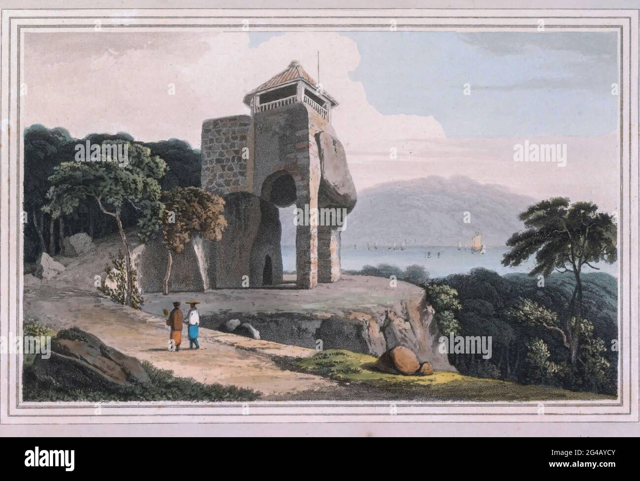 CAVERNA di CAMOENS [Luís de Camões], MACAO è delizioso scoprire in un angolo remoto dell’Asia un oggetto come la caverna di Camoens, consacrata alla memoria del genio europeo. È ben noto che il bard avventuroso che ha troppo liberamente indulgere la sua ira in satira, è stato disgregato da Francisco Barretto, il viceré di Goa, e bandito a Macao. La tradizione conserva ancora alcuni documenti della sua residenza. Stampa a colori dal libro ' UN viaggio pittoresco in India via della Cina ' di Thomas Daniell, R.A., e William Daniell, A.R.A. Londra : stampato per Longman, Hurst, Rees, e Orme, e William Daniell da Foto Stock