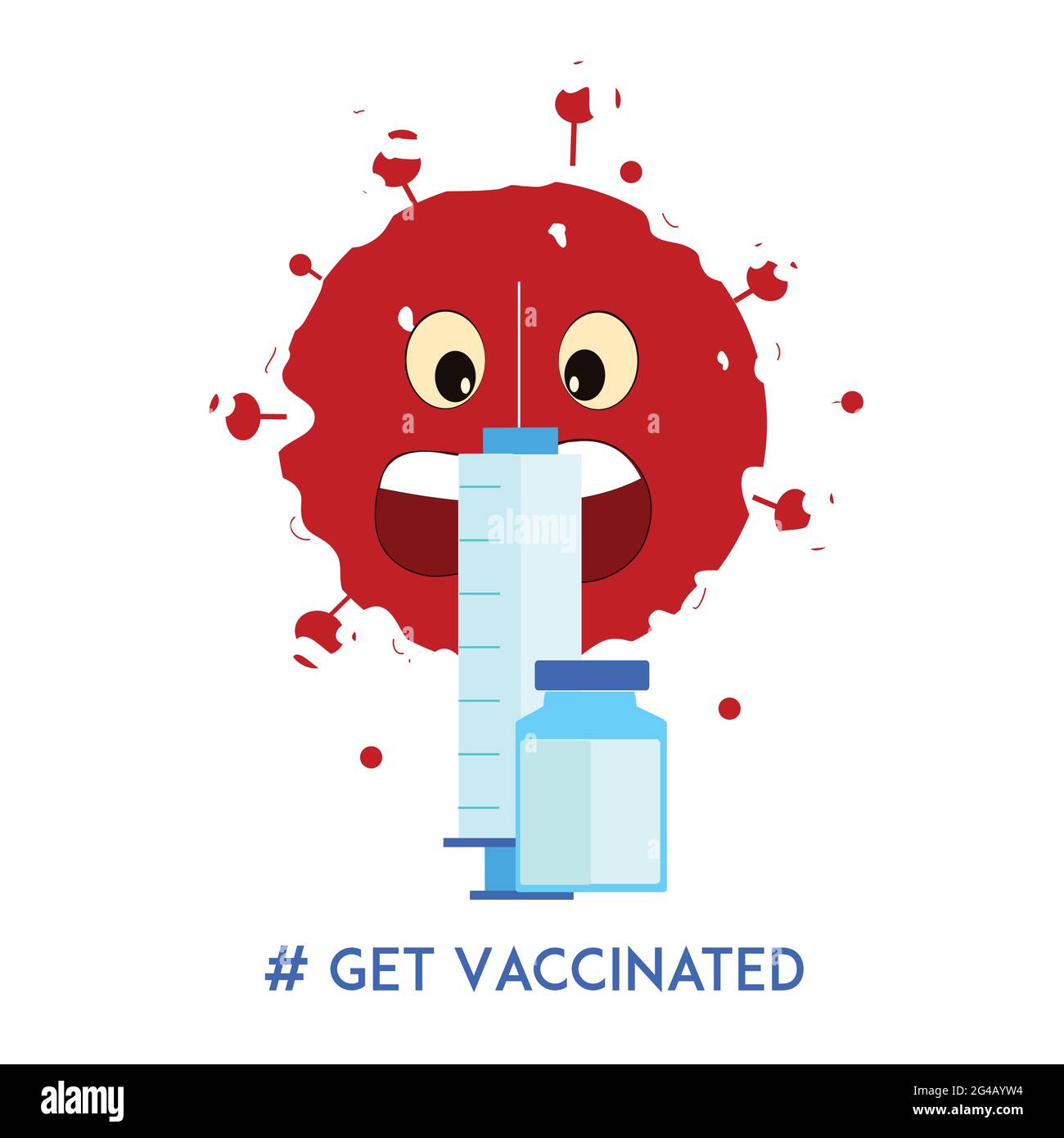 L'illustrazione della vaccinazione con sfondo bianco in questo indica che il cartone animato da virus rosso ha paura del vaccino (il contenuto è iniezione e flacone) Illustrazione Vettoriale