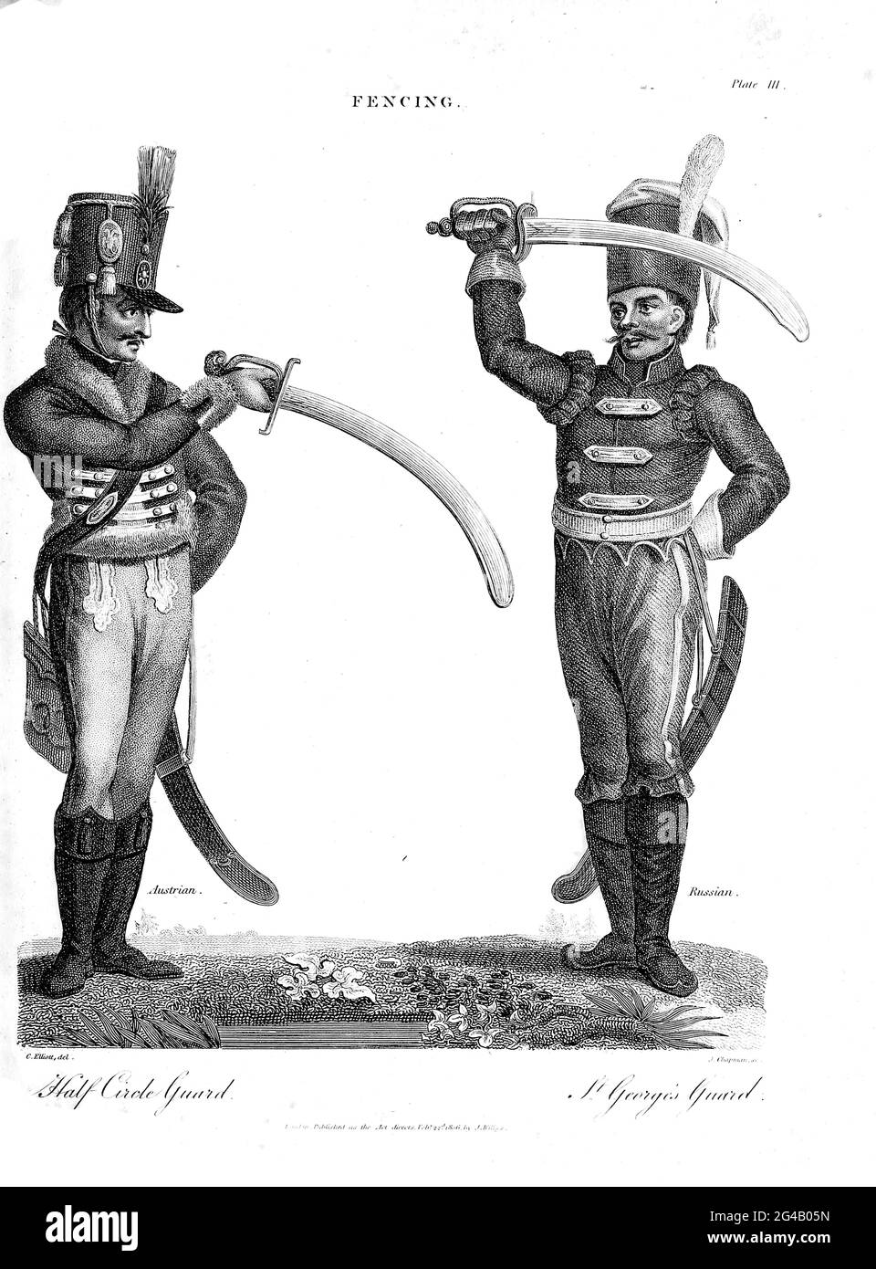 Half Circle Guard (a sinistra) St. George's Guard (a destra) incisione su Copperplate dell'Encyclopedia Londinensis OR, dizionario universale di arti, scienze e letteratura; Volume VII; a cura di Wilkes, Giovanni. Pubblicato a Londra nel 1810 Foto Stock