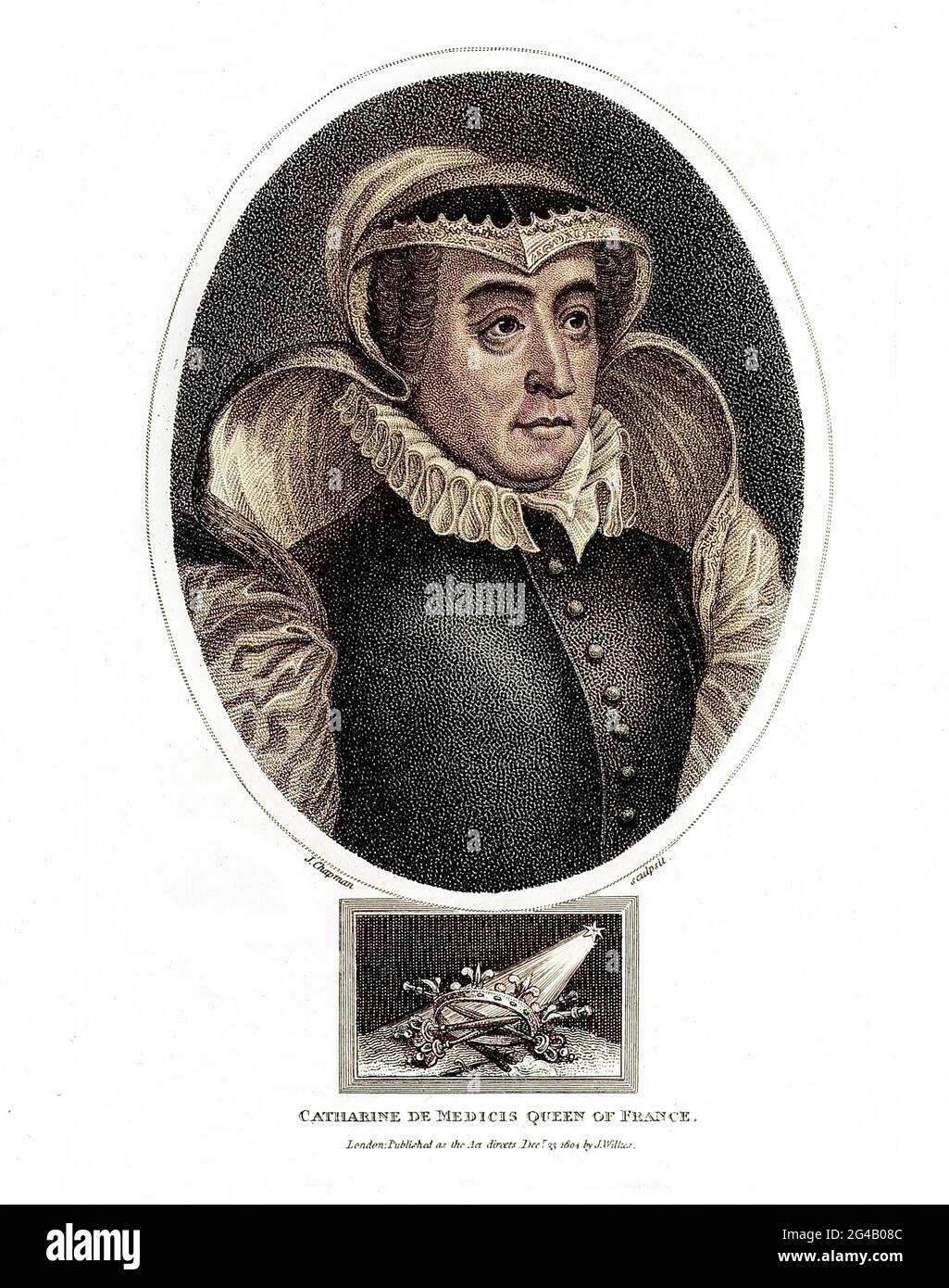 Caterina de' Medici (Caterina de' Medici, 13 aprile 1519 – 5 gennaio 1589) è stata una nobildonna italiana. Fu anche regina consorte di Francia dal 1547 al 1559, per matrimonio con re Enrico II, e madre dei re Francesco II, Carlo IX ed Enrico III Gli anni durante i quali i suoi figli regnarono sono stati chiamati 'l'età di Caterina de' Medici' in quanto aveva ampia, se a volte variabile, influenza nella vita politica di Franc Copperplate incisione dall'Enciclopedia Londinensis o, dizionario universale di arti, scienze e letteratur Foto Stock