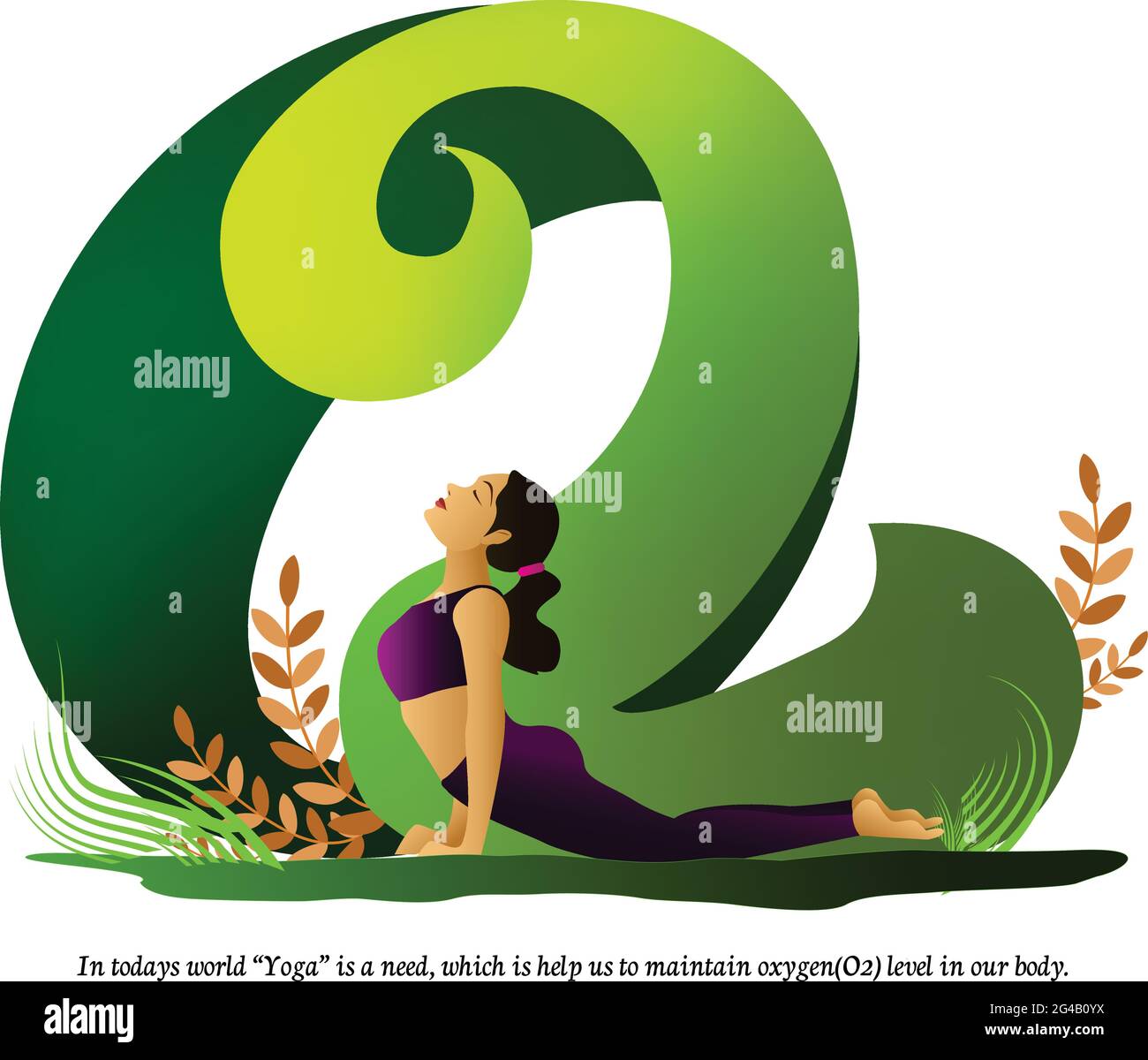 l'illustrazione della giornata di yoga con il verde indica la giovane ragazza che fa yoga per mantenere il livello di ossigeno nel suo corpo. Illustrazione Vettoriale