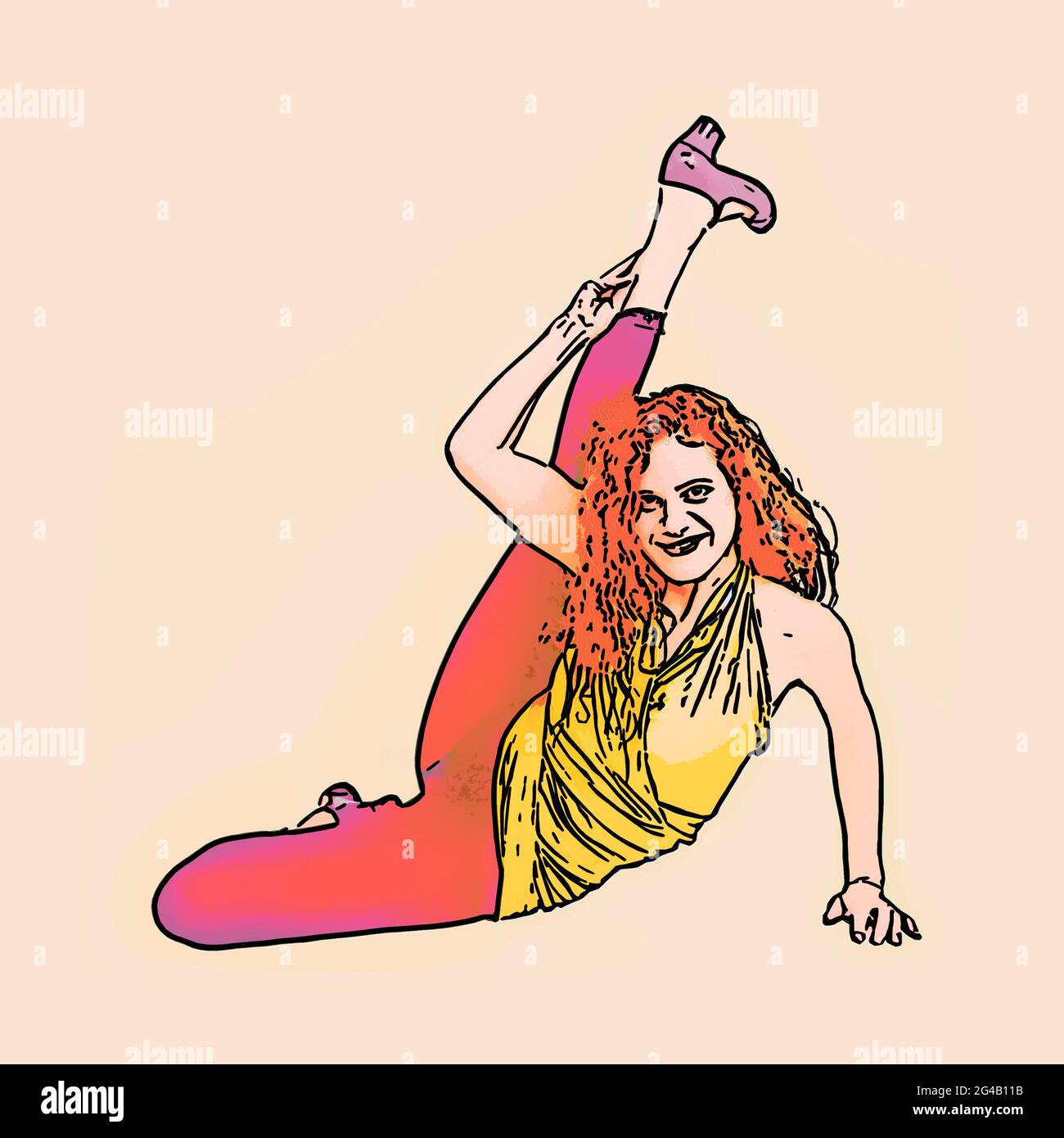 Modello femminile con capelli rossi dal concetto di flessibilità migliorata digitalmente che si estende su sfondo bianco Foto Stock
