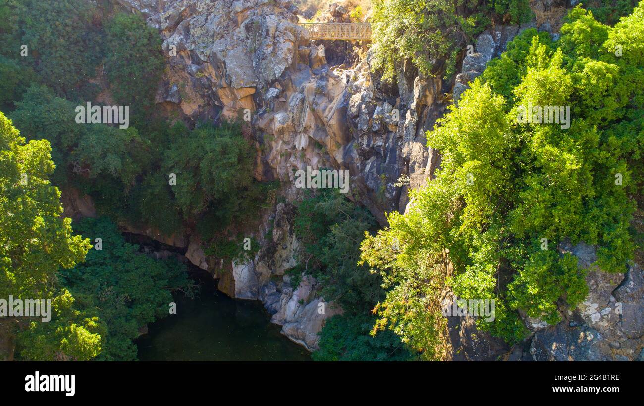 Fotografia aerea del torrente Banias (fiume Banias o fiume Hermon) alture del Golan, Israele Foto Stock