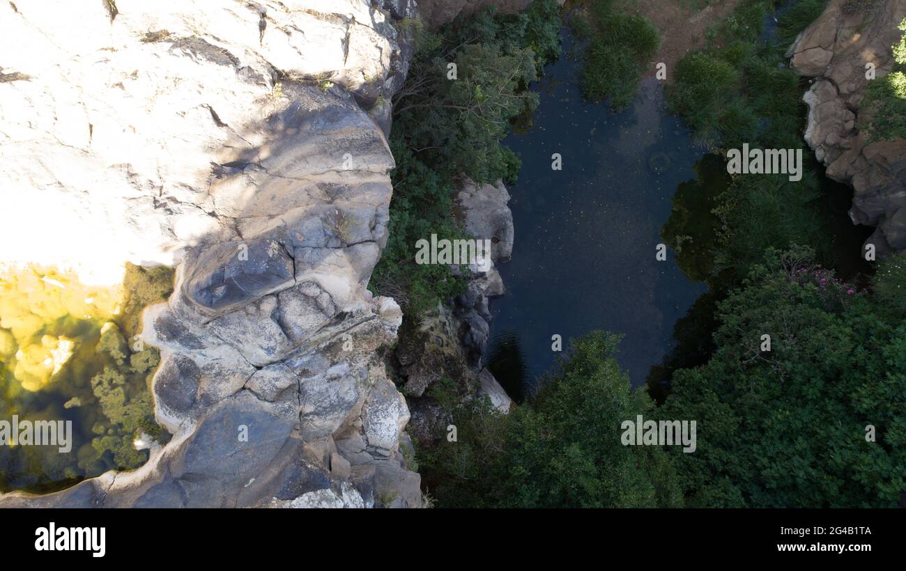 Fotografia aerea del torrente Banias (fiume Banias o fiume Hermon) alture del Golan, Israele Foto Stock