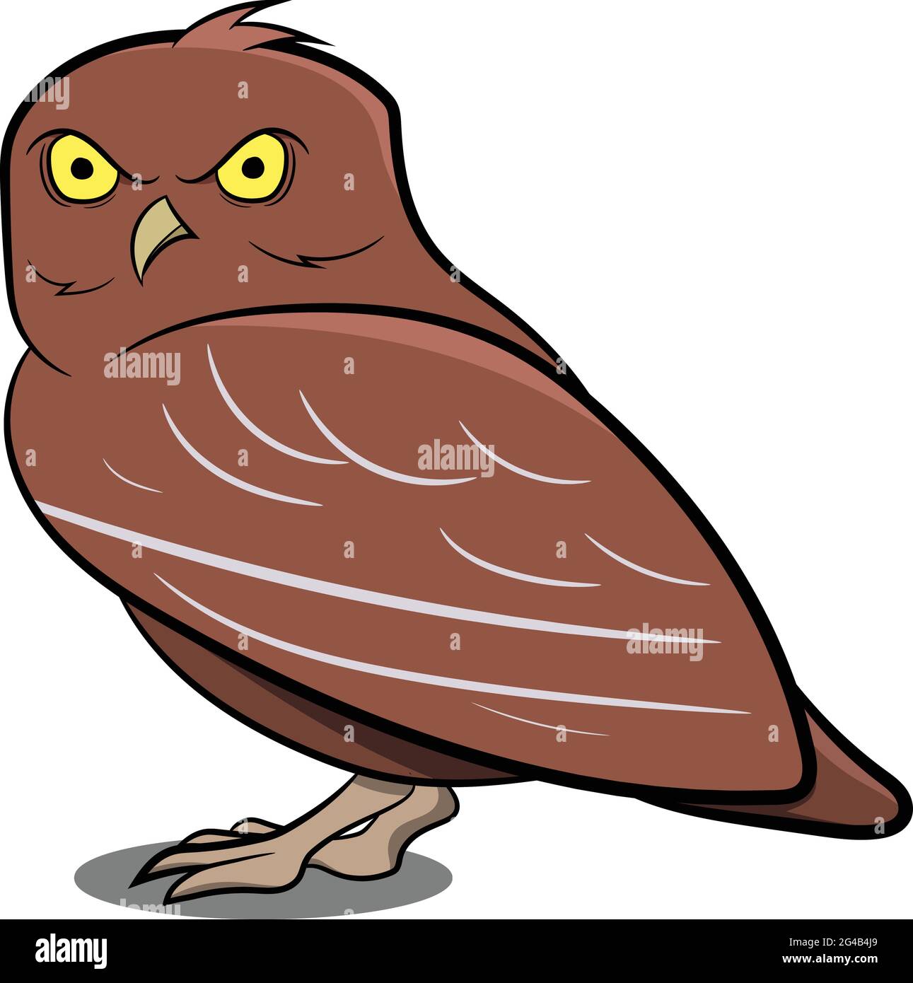 Notte Owl in piedi con ombra. Uccelli notturni. Uccelli di diverse parti del mondo. Uccelli comuni. Icona dell'uccello illustrazioni vettoriali Doodle isolato. Illustrazione Vettoriale