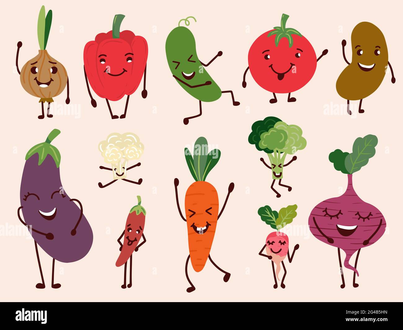 Allegri personaggi vegetali. Set di verdure felici e divertenti. Illustrazione vettoriale. Illustrazione Vettoriale
