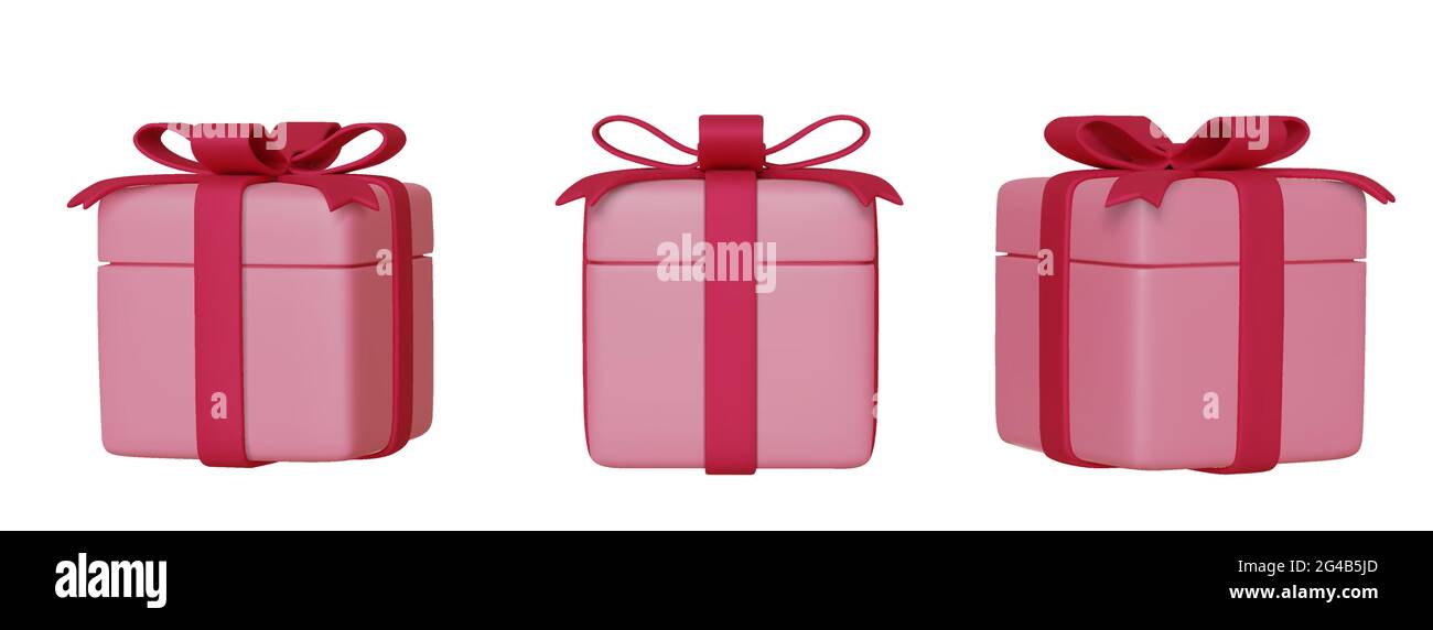 Set di scatola da regalo 3D rosa realistico con archi e nastri, isolato su sfondo bianco. Illustrazione vettoriale Illustrazione Vettoriale