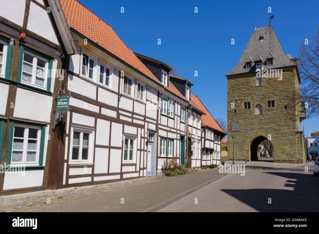 Case a graticcio e la Torre Osthofen, Soest, Westfalia, Germania, Europa Foto Stock