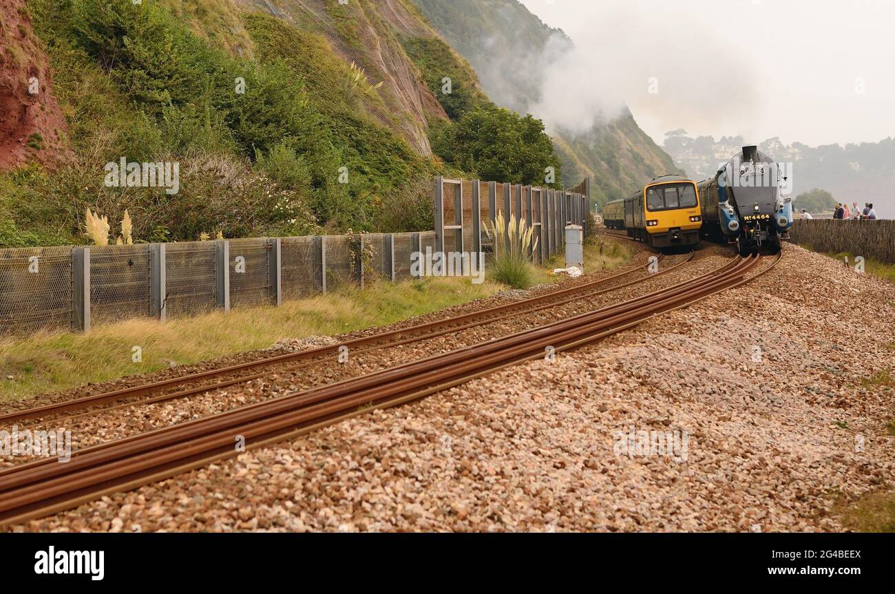 LNER classe A4 pacifico n. 4464 Bittern passando un servizio DMU locale lungo il mare a Teignmouth mentre si trasporta il Torbay Express. 7th settembre 2014. Foto Stock