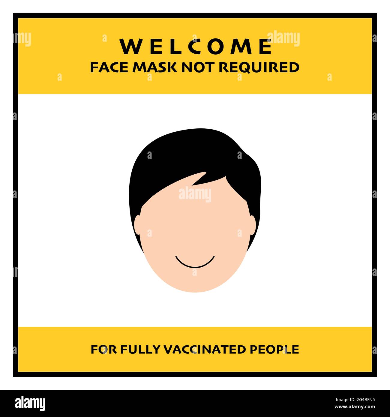 Maschera facciale non richiesta per striscione per persone vaccinate completamente covid-19. Illustrazione vettoriale di persone che sorridono senza maschera. Illustrazione Vettoriale