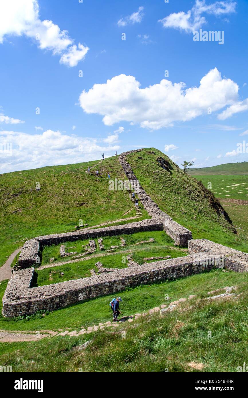 Milecastle 39 castello nick, guardando verso Peel crag sul muro romano Adriano lungo percorso nazionale sentiero pedonale nel Northumberland Inghilterra Foto Stock