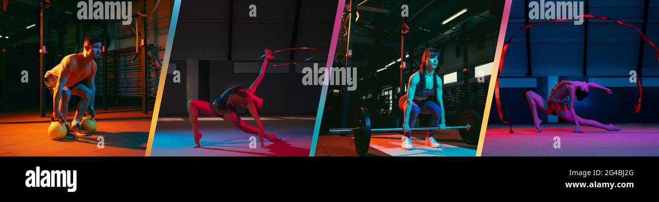 Collage di fit, atleti in azione e movimento isolati su sfondo multicolore con luce al neon Foto Stock Collage di fit, atleti in azione e movimento isolati su sfondo multicolore con luce al neon Foto Stock