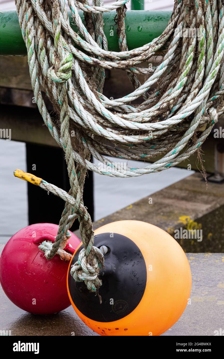 Due boe rotonde in arancione e rosso scuro appendono sulle corde. Foto Stock