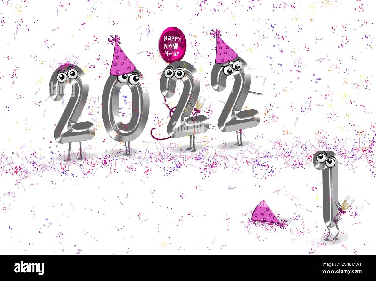 Umoristico New Year 2022 numeri d'argento indossare cappelli da festa con palloncino e confetti su bianco Foto Stock