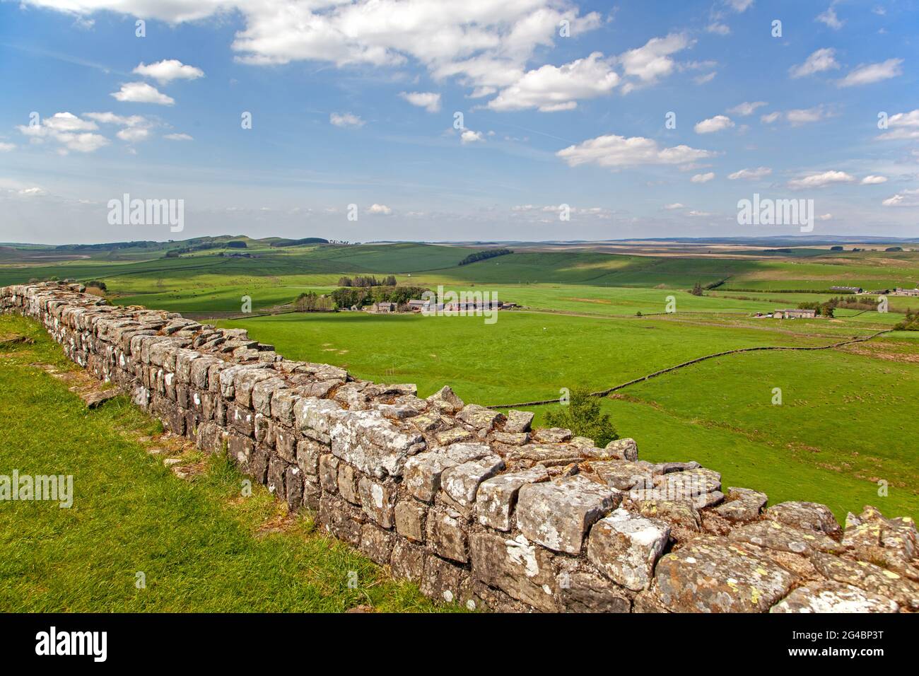 Il Muro di Adriano, costruito in epoca romana, si estende lungo le Cawfield Crawfield Craws e si estende attraverso il paesaggio della campagna del Northumberland Foto Stock