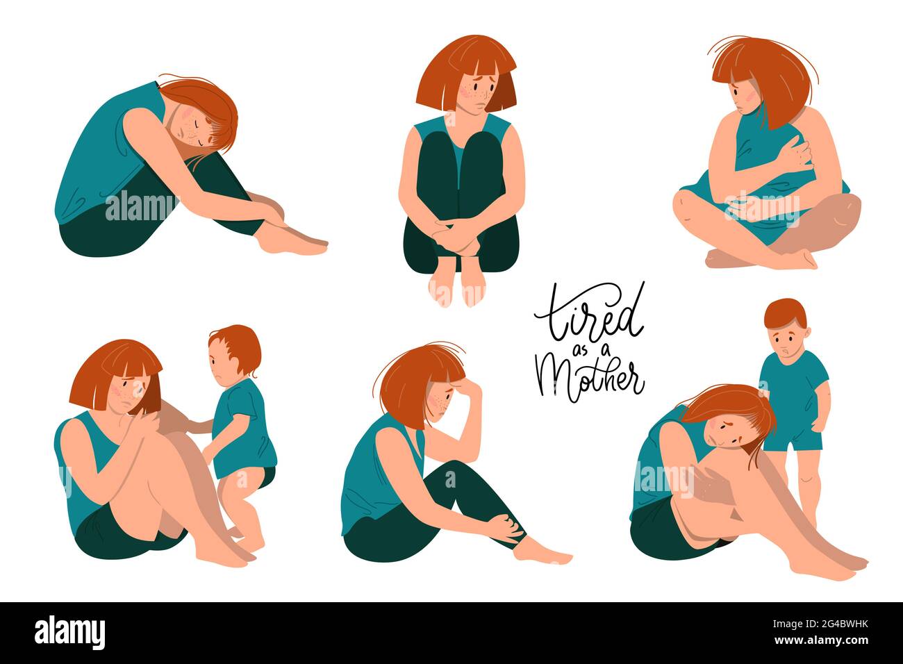 Triste madre seduta sul pavimento con il suo bambino piangente. Concetto di depressione postpartum. Illustrazione vettoriale colorata in stile cartoon piano. Illustrazione Vettoriale