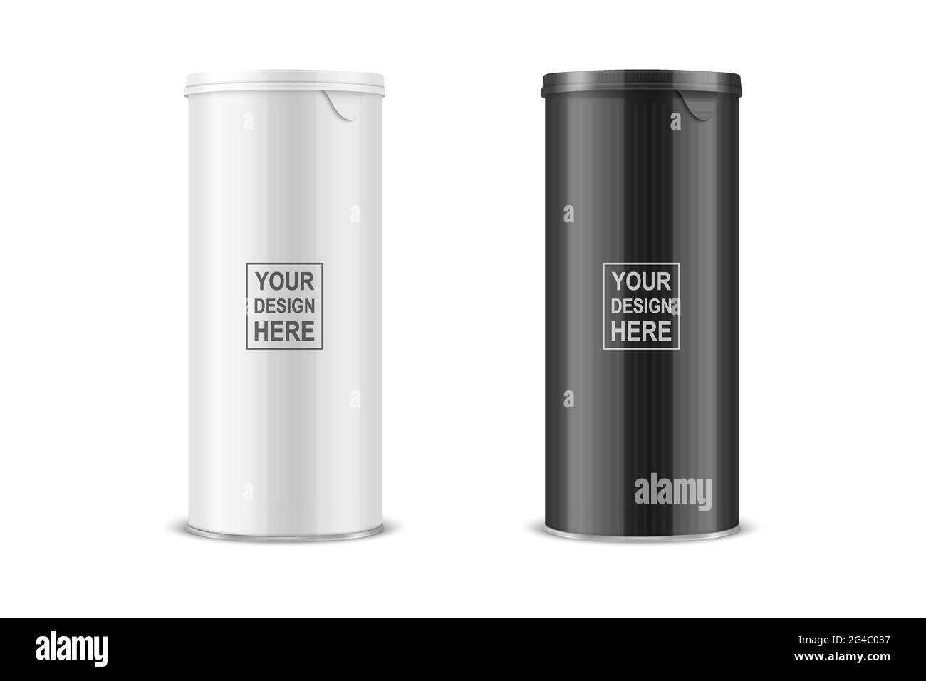 Vector 3d Realistic Blank Glossy White, Black Glossy Metal Tin CAN, Canned Food, Potato Chips confezionamento con coperchio isolato su trasparente Illustrazione Vettoriale