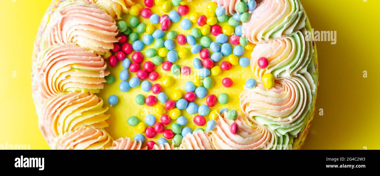 Spugna Madeira rivestita con glassa di colore giallo, stratificata con confettura di prugne e lamponi, ripiena e ricoperta di pennini di cioccolato multicolore e decorata Foto Stock