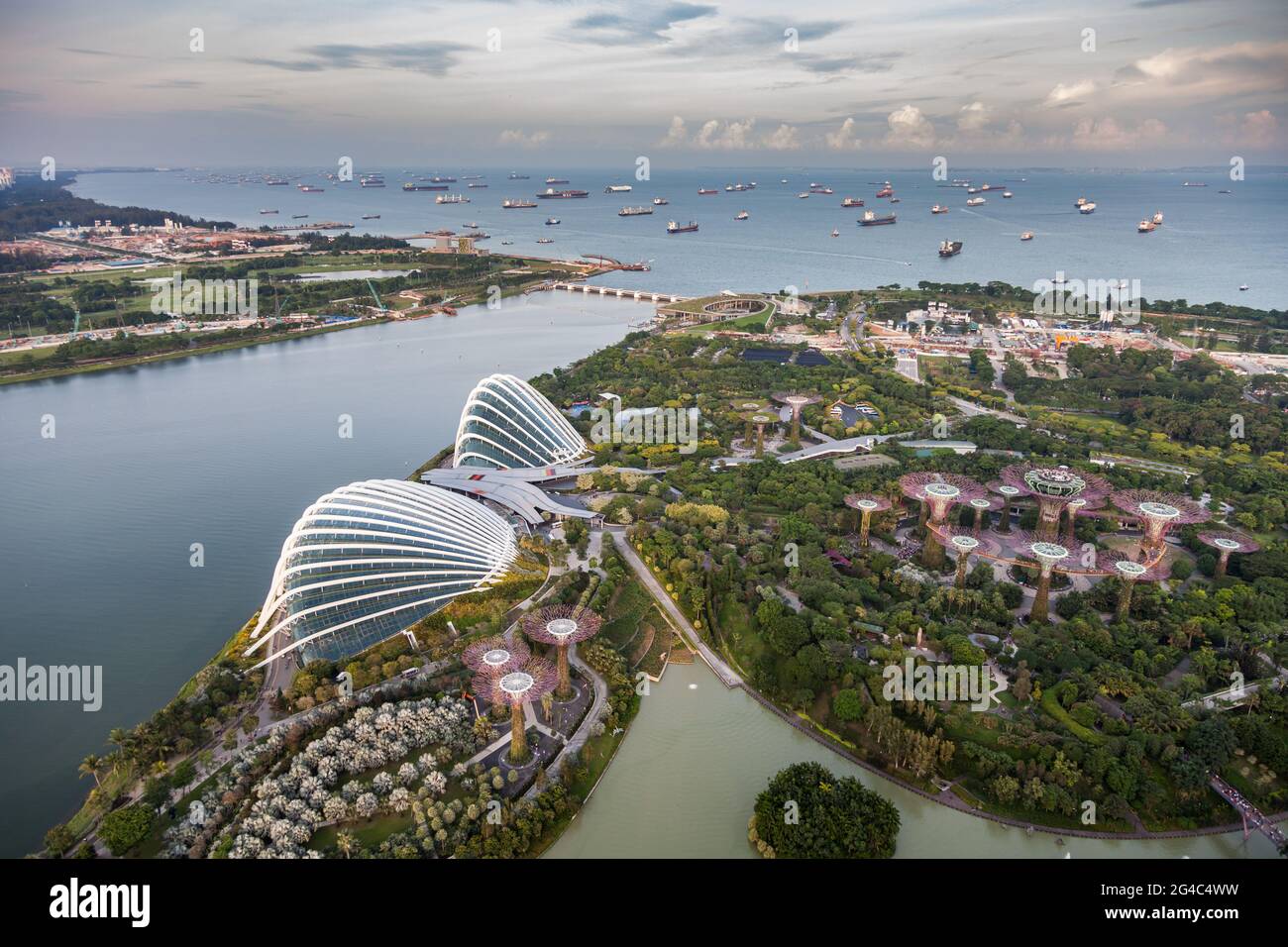 Vista aerea dei Giardini della Baia, Singapore come il crepuscolo cade. Foto Stock