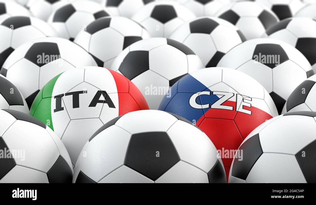 Repubblica Ceca vs. Italia Soccer Match - palle in pelle nei colori nazionali della Repubblica Ceca e Italia. Rendering 3D Foto Stock