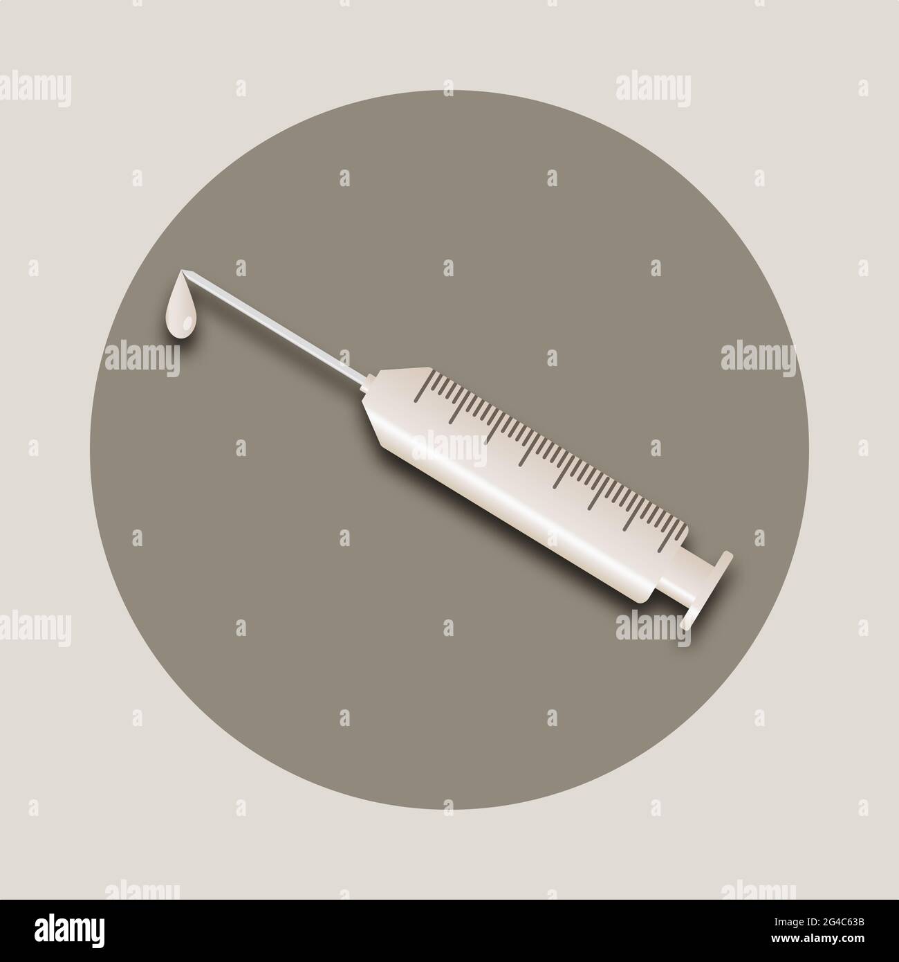 Vaccinazione. Siringa beige con anticorpo in cerchio marrone su sfondo pastello formato quadrato. Design piatto. Foto Stock