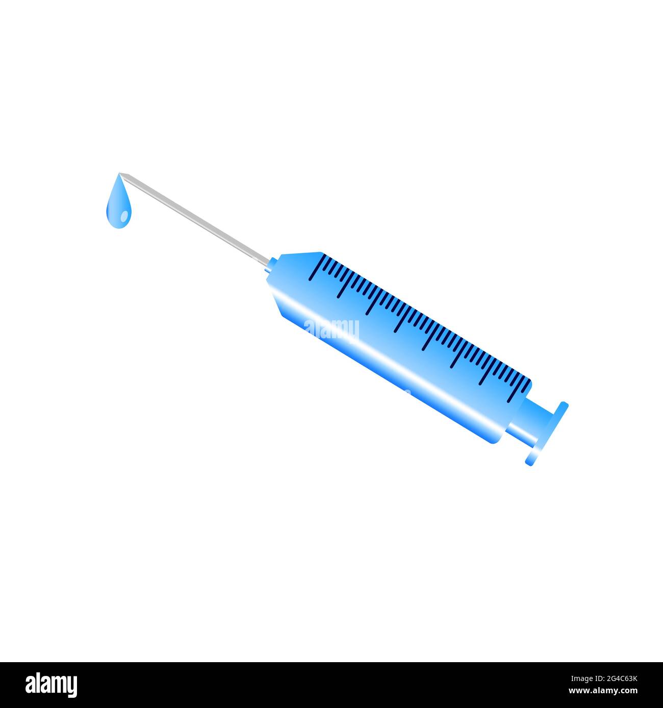 Vaccinazione obbligatoria. Siringa blu con goccia di anticorpo isolato su fondo bianco. Foto Stock