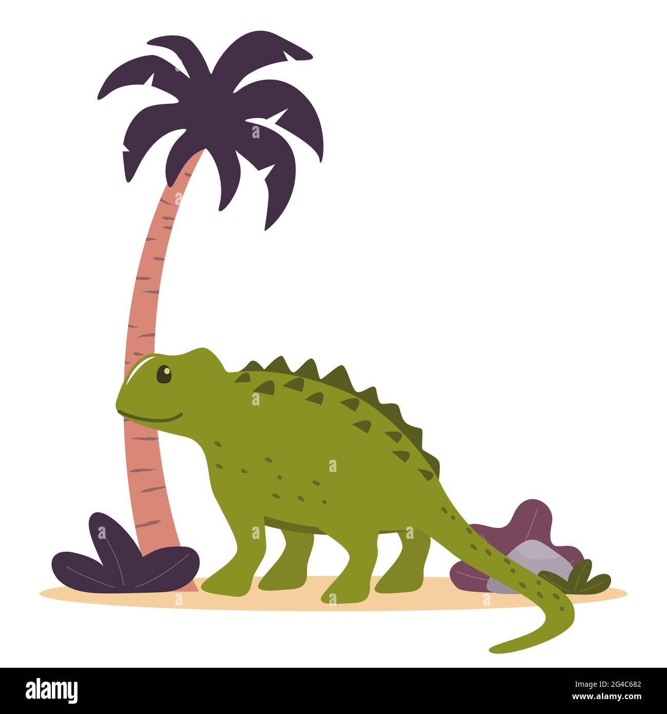 Dinosauro carino, palma e piante. Fauna selvatica periodo giurasico preistorico. Illustrazione vettoriale in stile piatto Illustrazione Vettoriale
