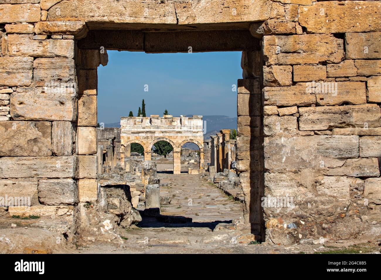 Rovine della città romana di Hierapolis, Pamukkale, Turchia. Foto Stock