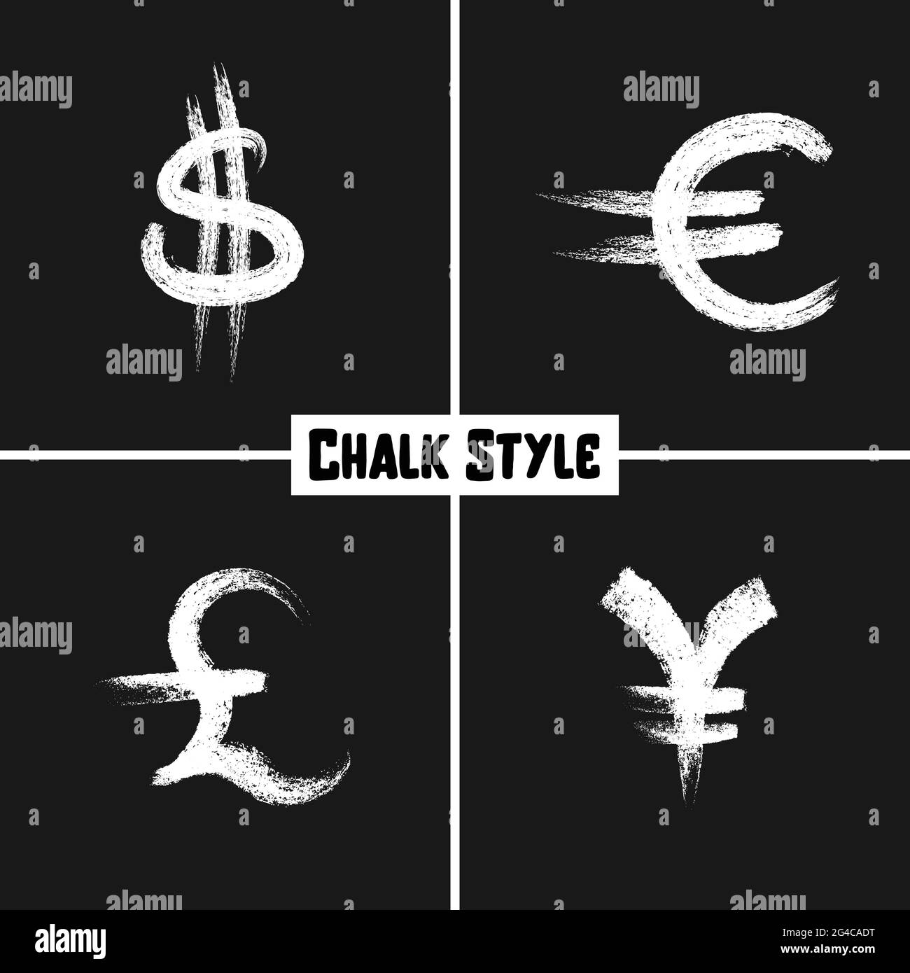 Raccolta di simboli di simboli di valuta Illustrazione vettoriale di icone in Chalk sullo script di tratto di stile Blackboard. Dollaro Euro Pound Yen. Illustrazione Vettoriale