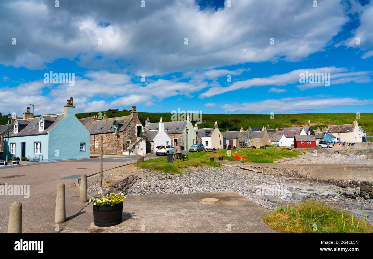 Cottage tradizionali accanto al porto presso il villaggio di Sandend su Moray Firth in Aberdeenshire, Scozia, Regno Unito Foto Stock