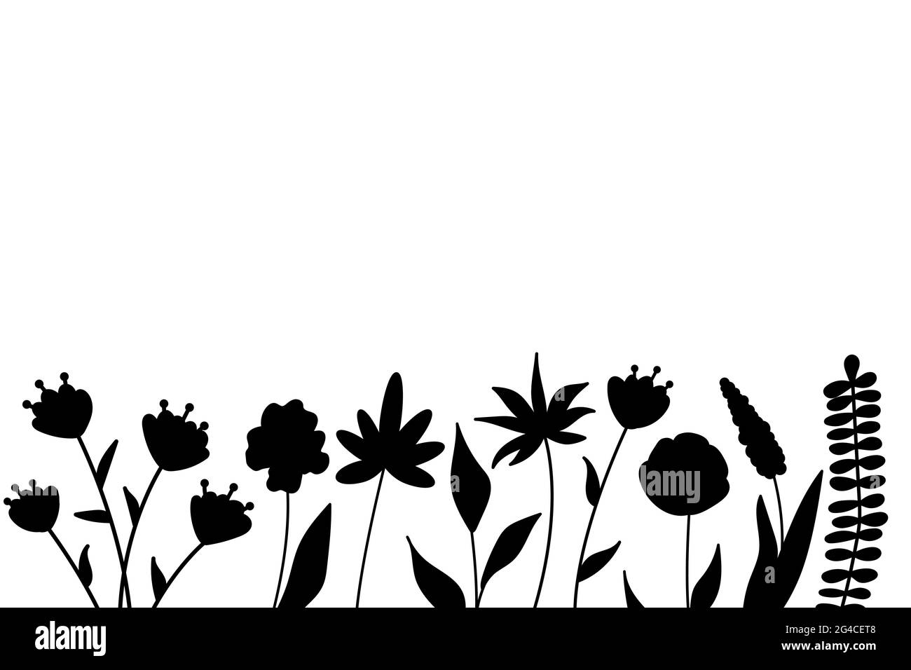 Silhouette nere di erba, fiori ed erbe. Elementi floreali semplici e minimalistici. Botanico naturale. Schizzo grafico. Disegno di fiori disegnati a mano. Per Illustrazione Vettoriale