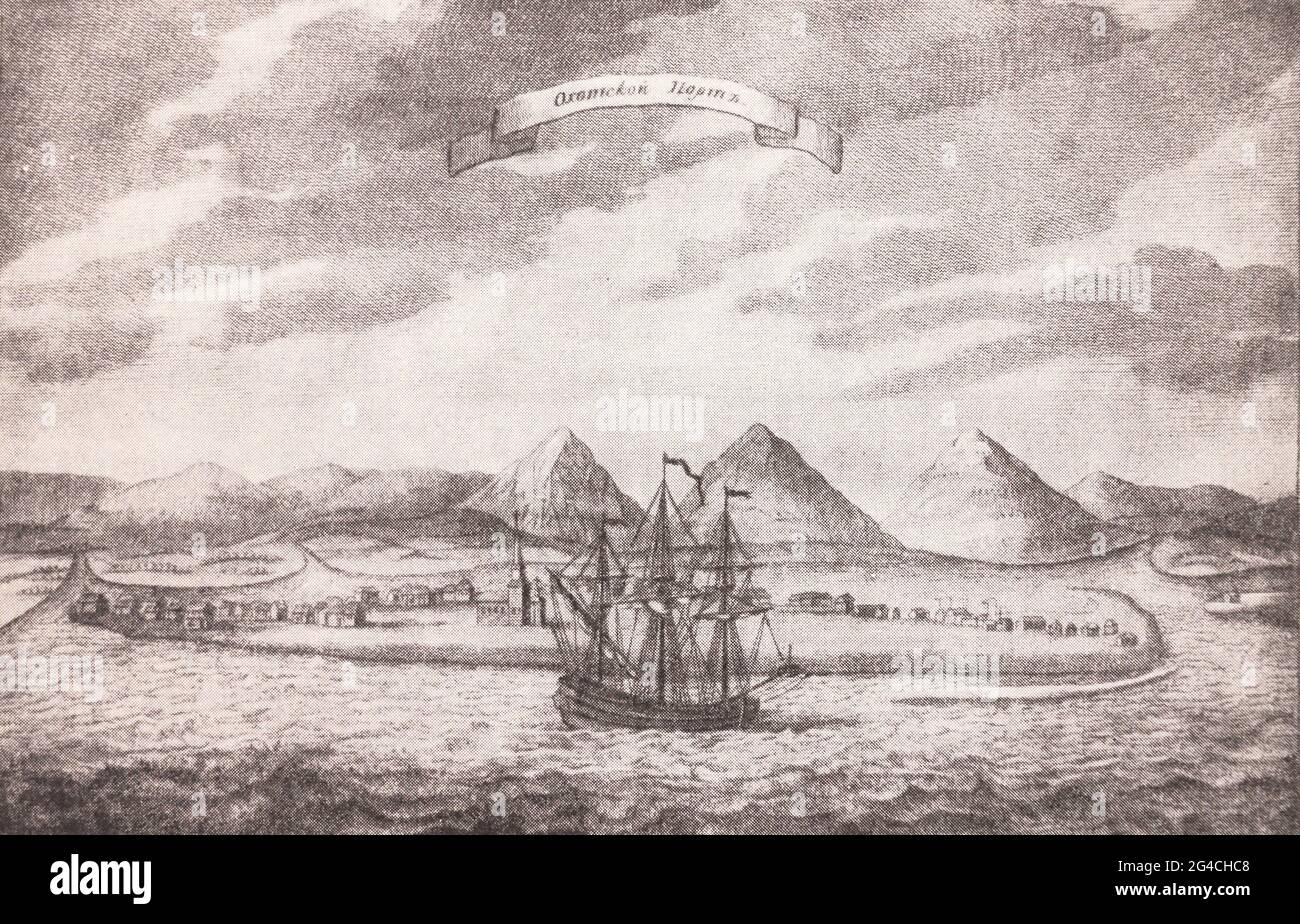 Il porto di Okhotsk. Incisione di 1755. Foto Stock