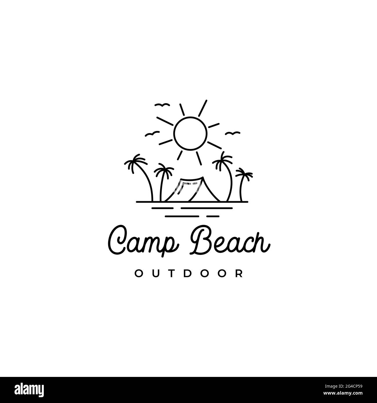 Linea arte estate spiaggia campeggio ricreazione logo design Illustrazione Vettoriale