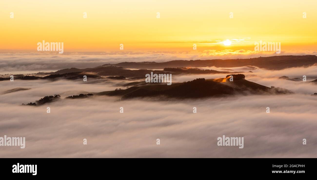 Alba e nebbia mattutina, te Mata Peak, Hawke's Bay, Nuova Zelanda Foto Stock