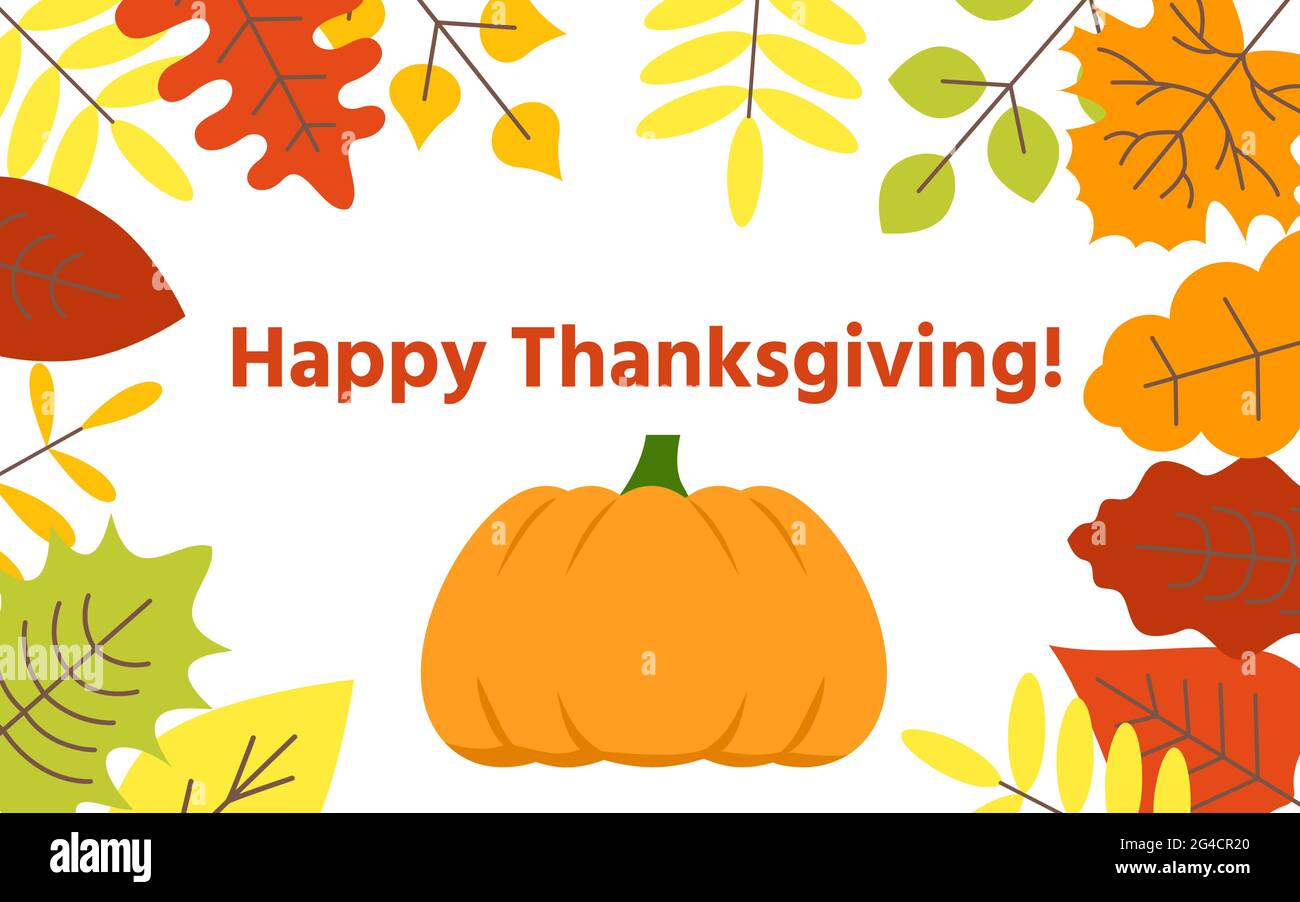 Zucca su sfondo bianco isolato, intorno alle foglie arancioni, verdi, gialle, rosse, Texte sur Happy Thanksgiving. Cartolina per la vacanza. Celebrazione della vendemmia. Semplice stile vettoriale piatto. Poster, banner Illustrazione Vettoriale