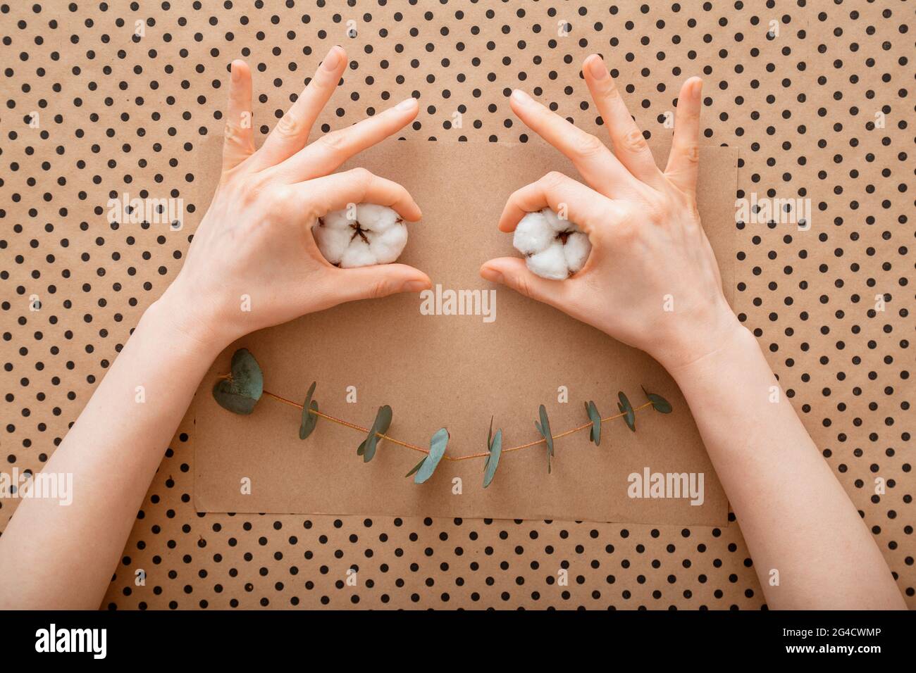Simpatico cartone animato fatto a mano da eucalipto e fiori di cotone. Muso viso artigianale con mani femminili. Sorriso emozione felicità fatta di fiori creativi Foto Stock