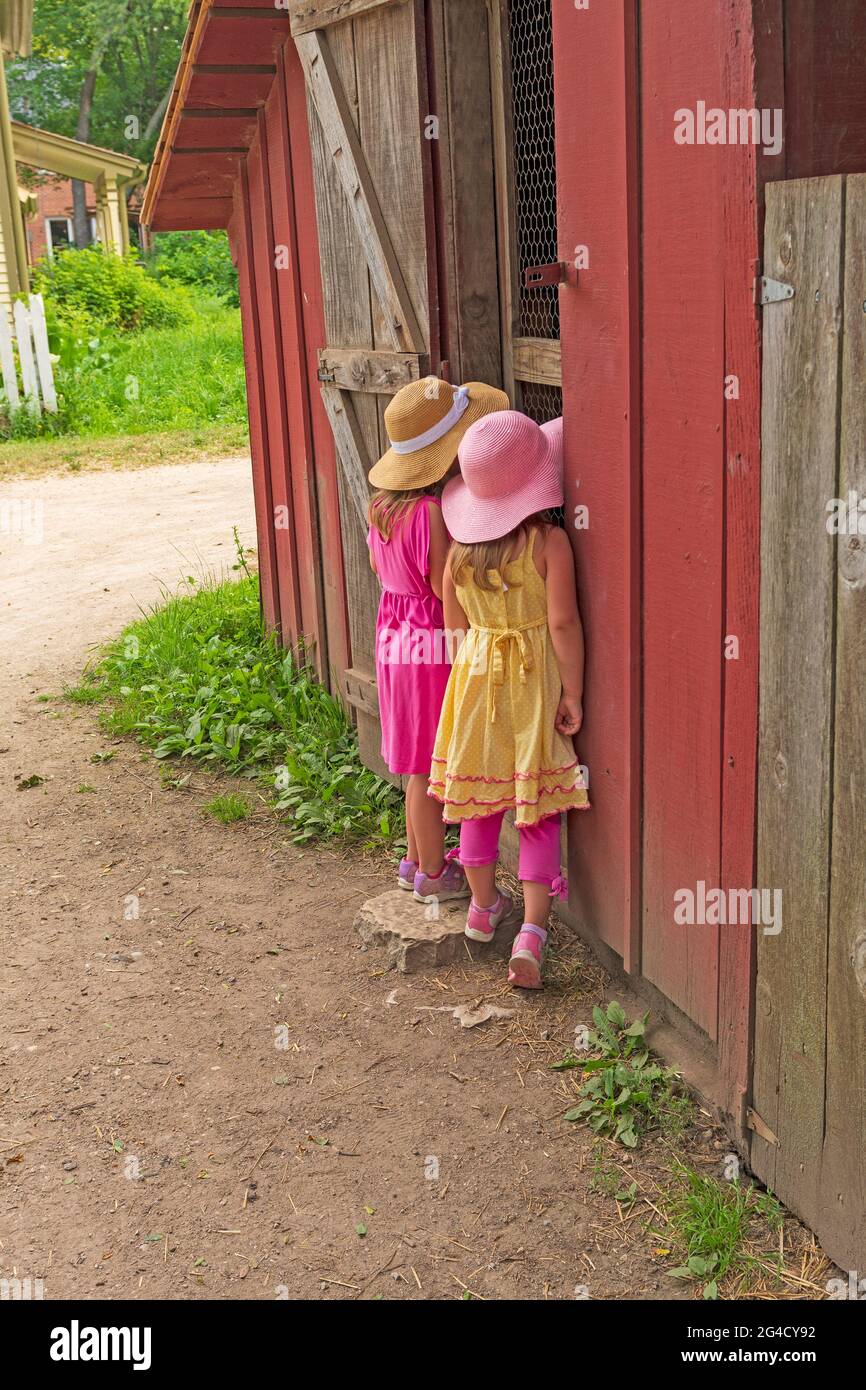 Twin Sisters cercando di vedere cosa c'è nel granaio del Spring Valley Nature Center a Schaumburg, Illinois Foto Stock