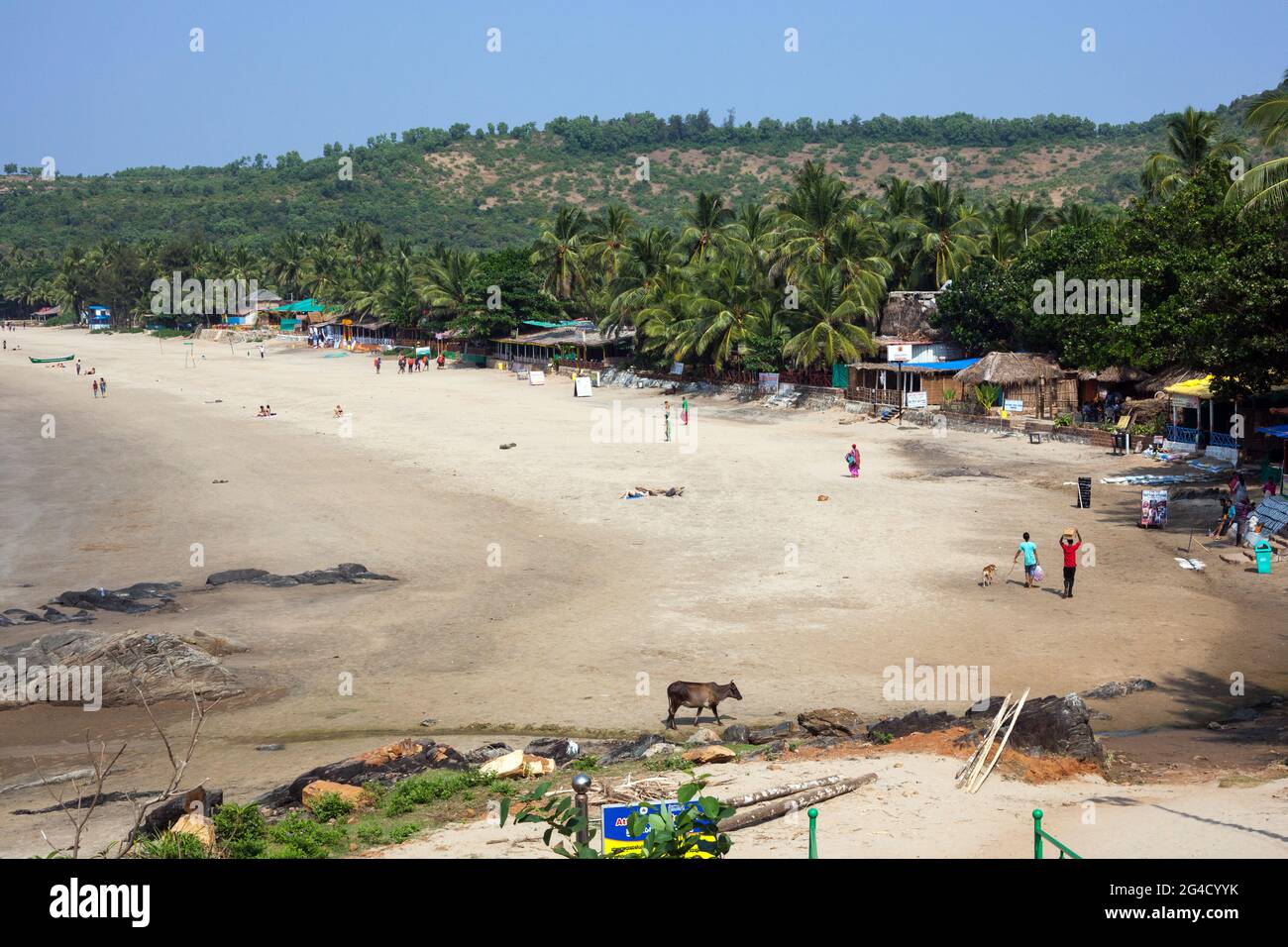 Vista sulla vasta spiaggia sabbiosa desolata di Kudle Beach, Gokarna, Karnataka, India Foto Stock