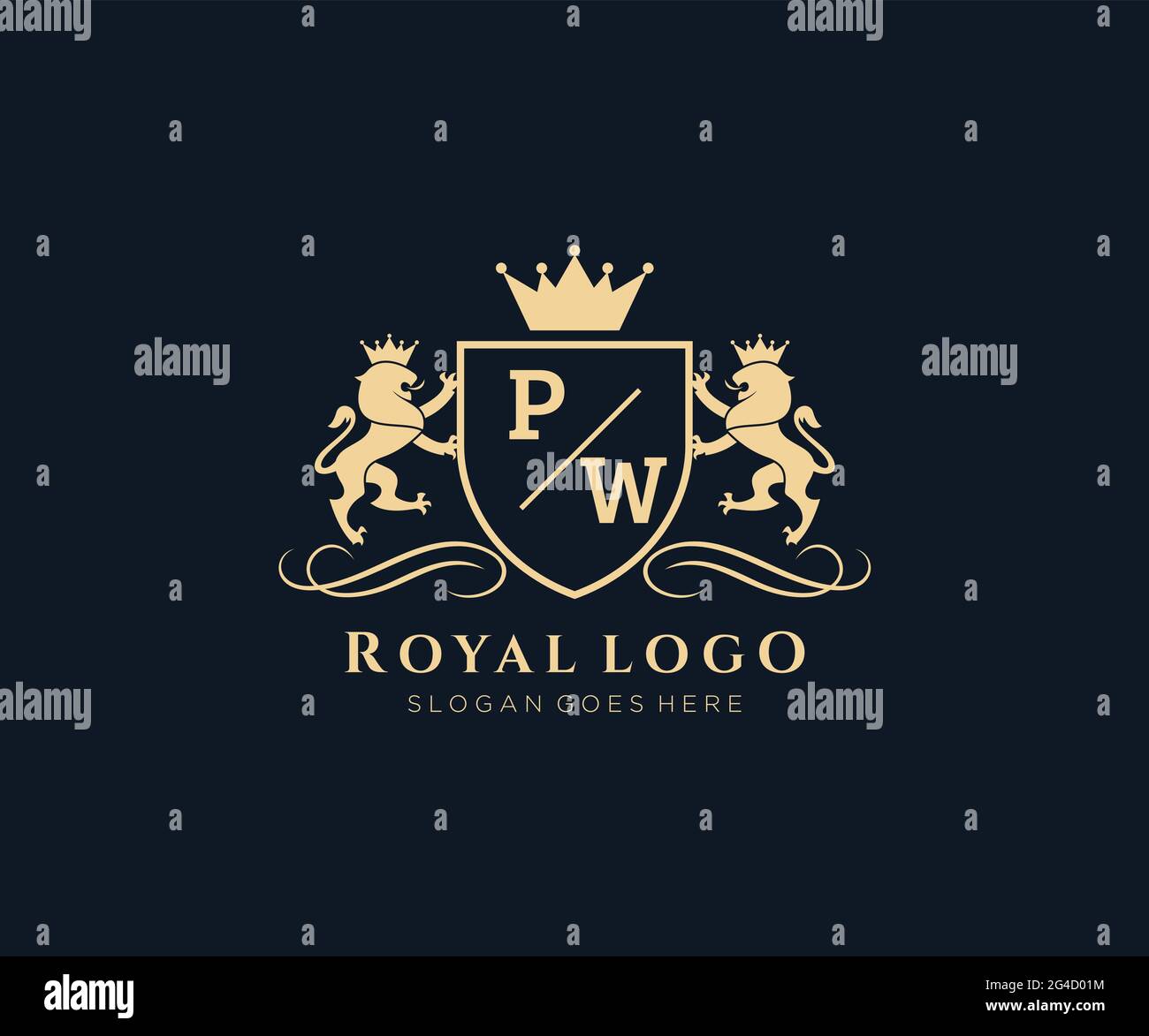 PW Letter Lion Royal Luxury Heraldic, Crest Logo template in arte vettoriale per Ristorante, Royalty, Boutique, Cafe, Hotel, Araldica, Gioielli, Moda e. Illustrazione Vettoriale