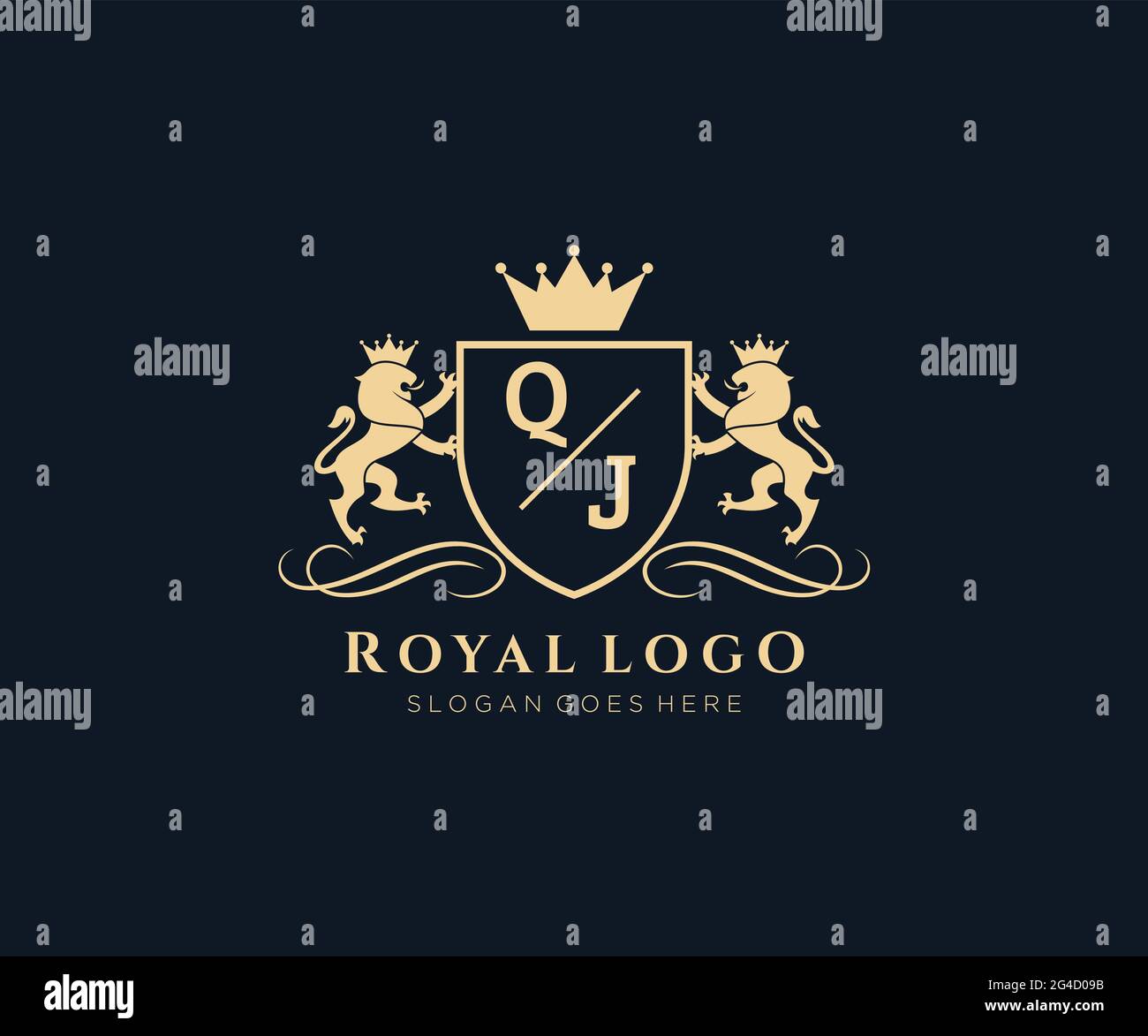 QJ Letter Lion Royal Luxury Heraldic, Crest Logo template in arte vettoriale per ristoranti, Royalty, Boutique, Cafe, Hotel, Araldica, Gioielli, Moda e. Illustrazione Vettoriale