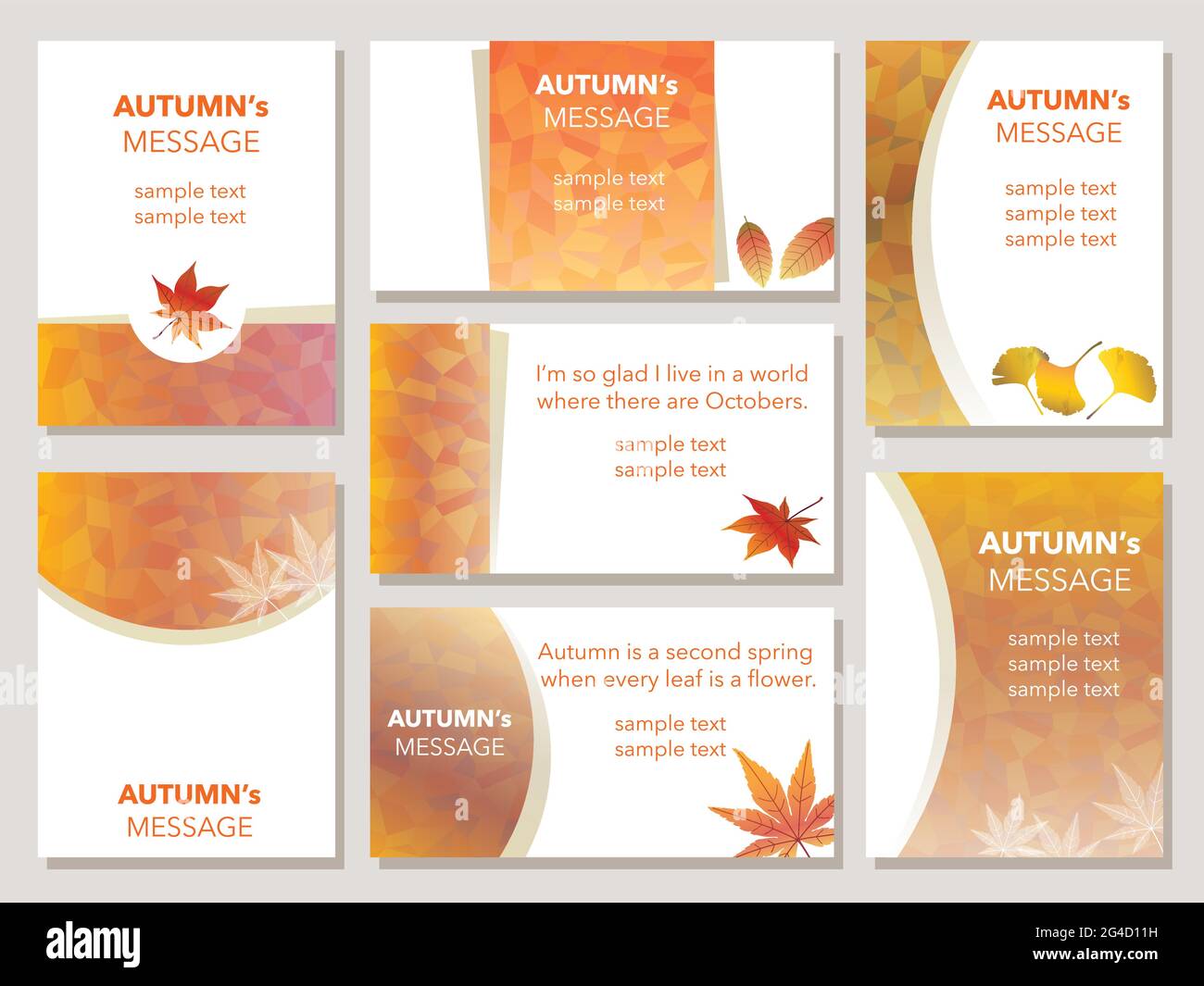 Set di modelli di biglietti d'auguri per l'autunno. Illustrazione vettoriale isolata su sfondo grigio. Illustrazione Vettoriale