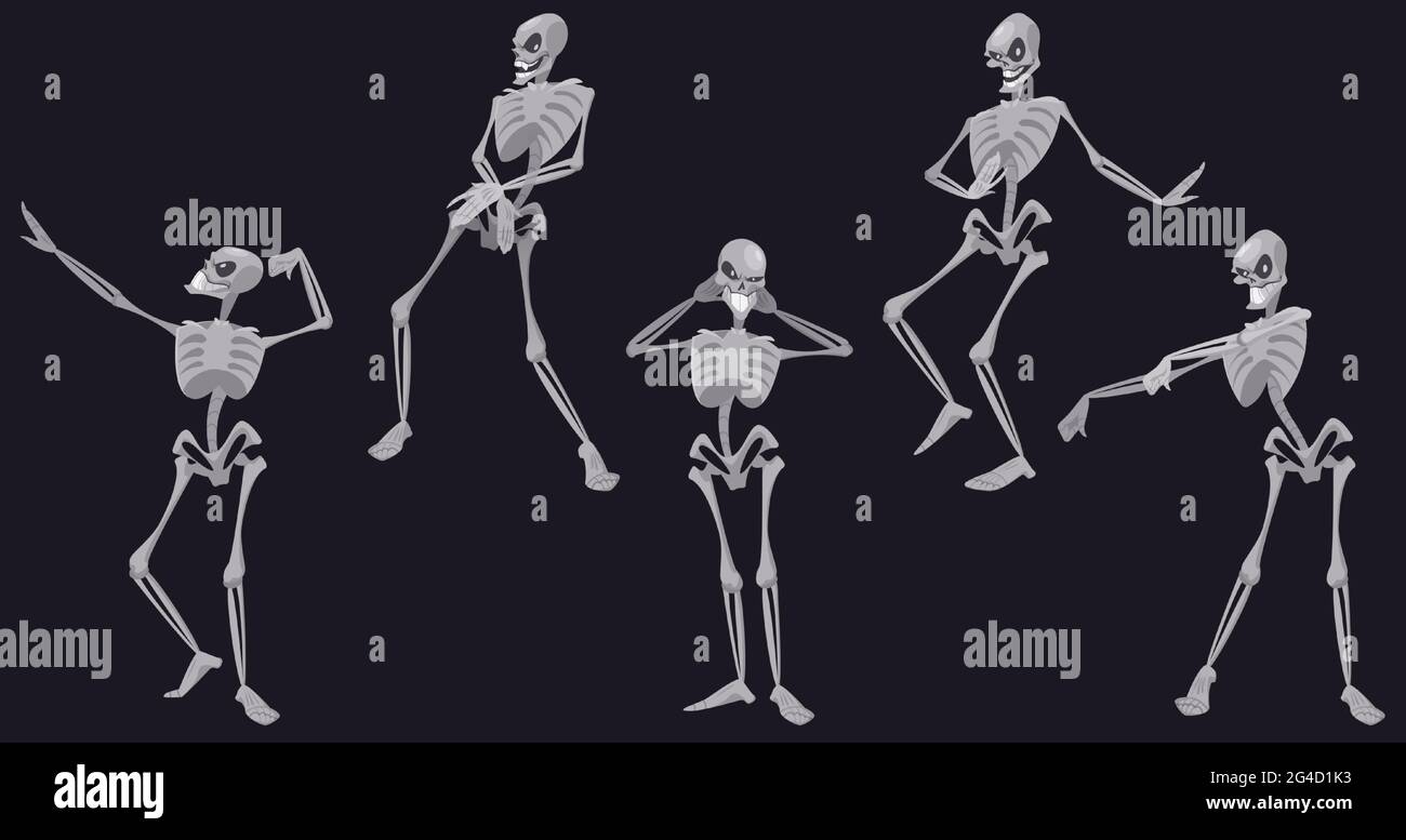 Danza scheletrica, divertente Halloween o messicano dia de Los Muertos morti personaggi danzare, teschi e ossa movimento corpo a ritmo di musica, discoteca partito, umano anatomico Cartoon illustrazione vettoriale, set Illustrazione Vettoriale