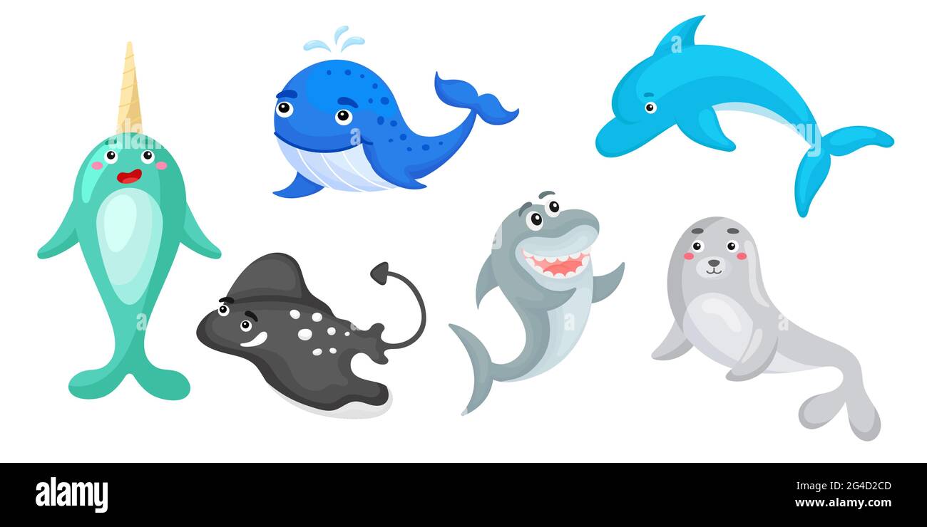Set di animali oceanici in stile cartoon. Carino animali caratteri per i biglietti dei bambini, acquazzone del bambino, invito di compleanno, interno della casa. Peperoncino di colore brillante Illustrazione Vettoriale