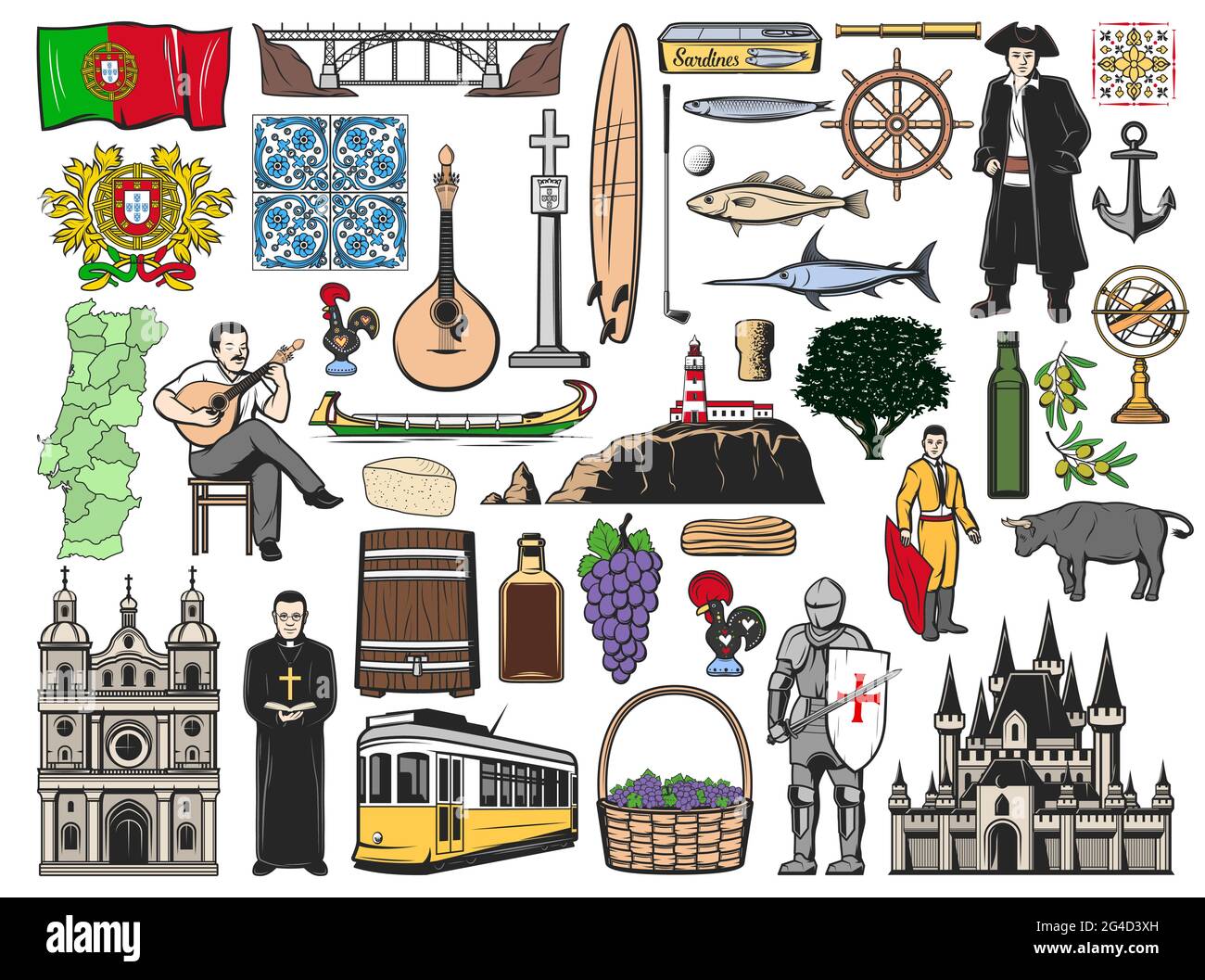 Portogallo icone vettoriali con luoghi di interesse turistico portoghesi isolati. Tram, bandiera, ponte di Porto e castello di Lisbona. Sardine, vino di porto, chitarra fado e mappa, Illustrazione Vettoriale
