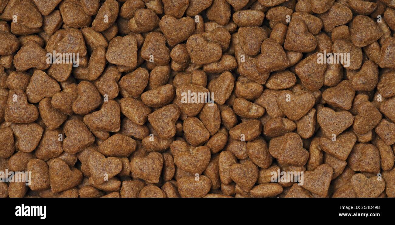 Cibo a forma di cuore per gatti e cani. Texture di sfondo panoramica. Foto Stock